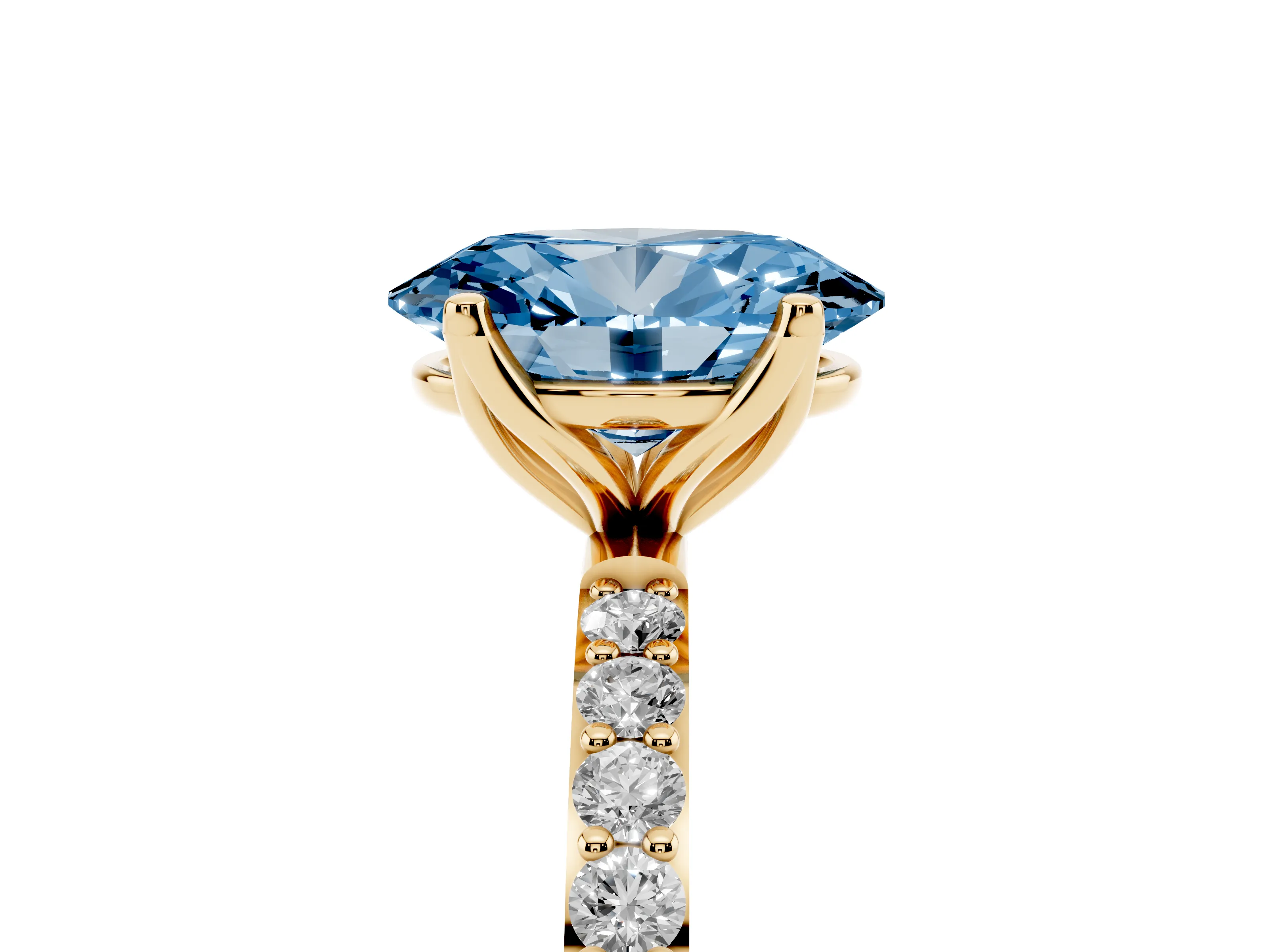 Fancy Blue Oval Cut Diamond Solitaire Engagement Ring Set in Yellow gold with Round Pavé Band and Prong Setting