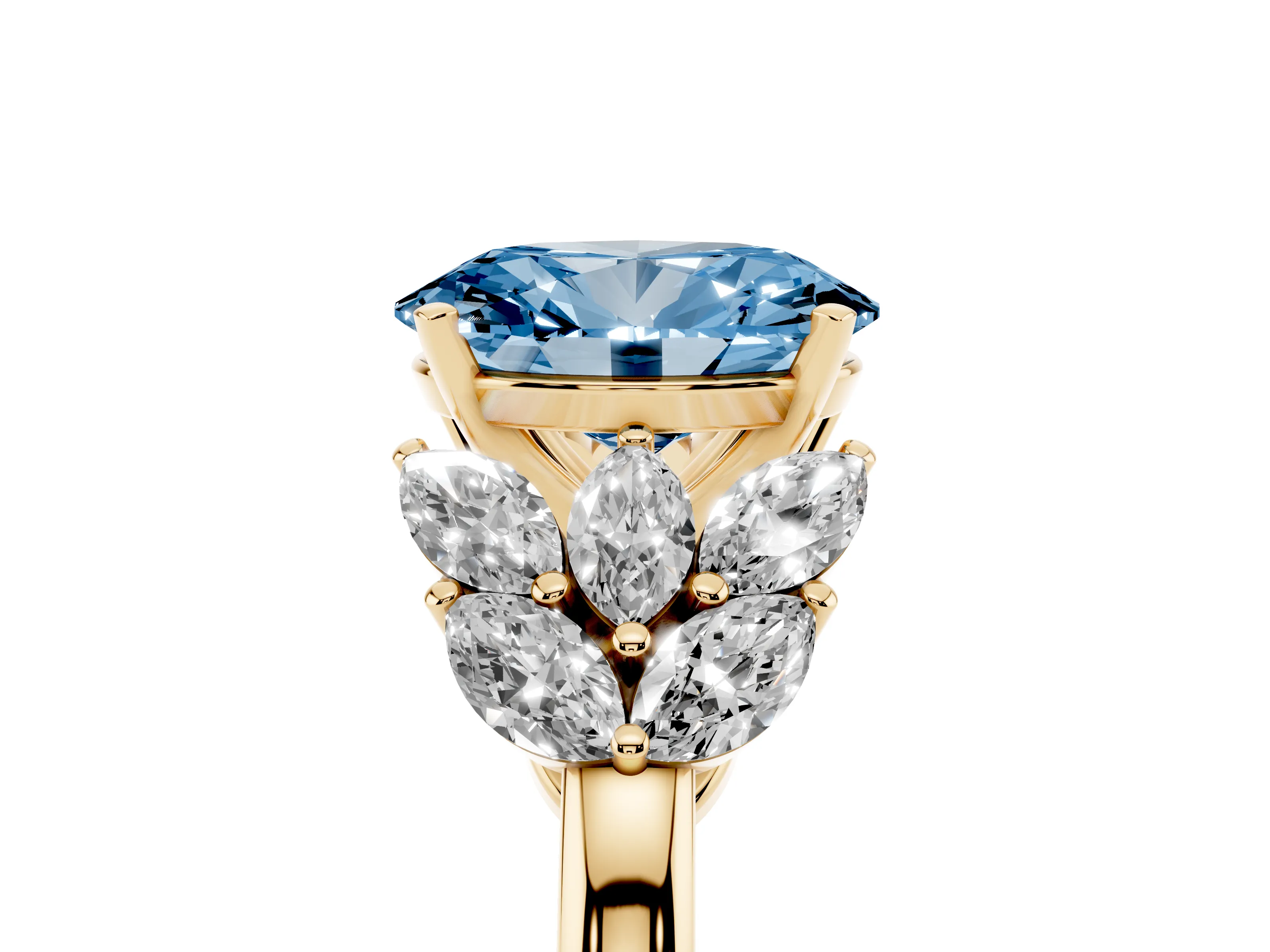 Fancy Blue Oval Cut Diamond Cluster Leaf Design Ring Set in Yellow gold with Prong Setting