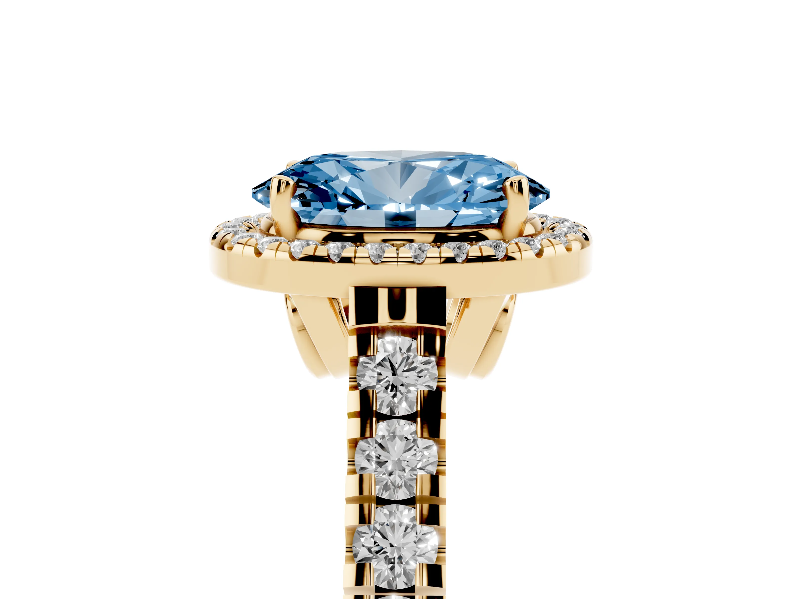 Fancy Blue Oval Cut Diamond Halo Engagement Ring Set in Yellow gold with Pavé Band and Prong-Set Center