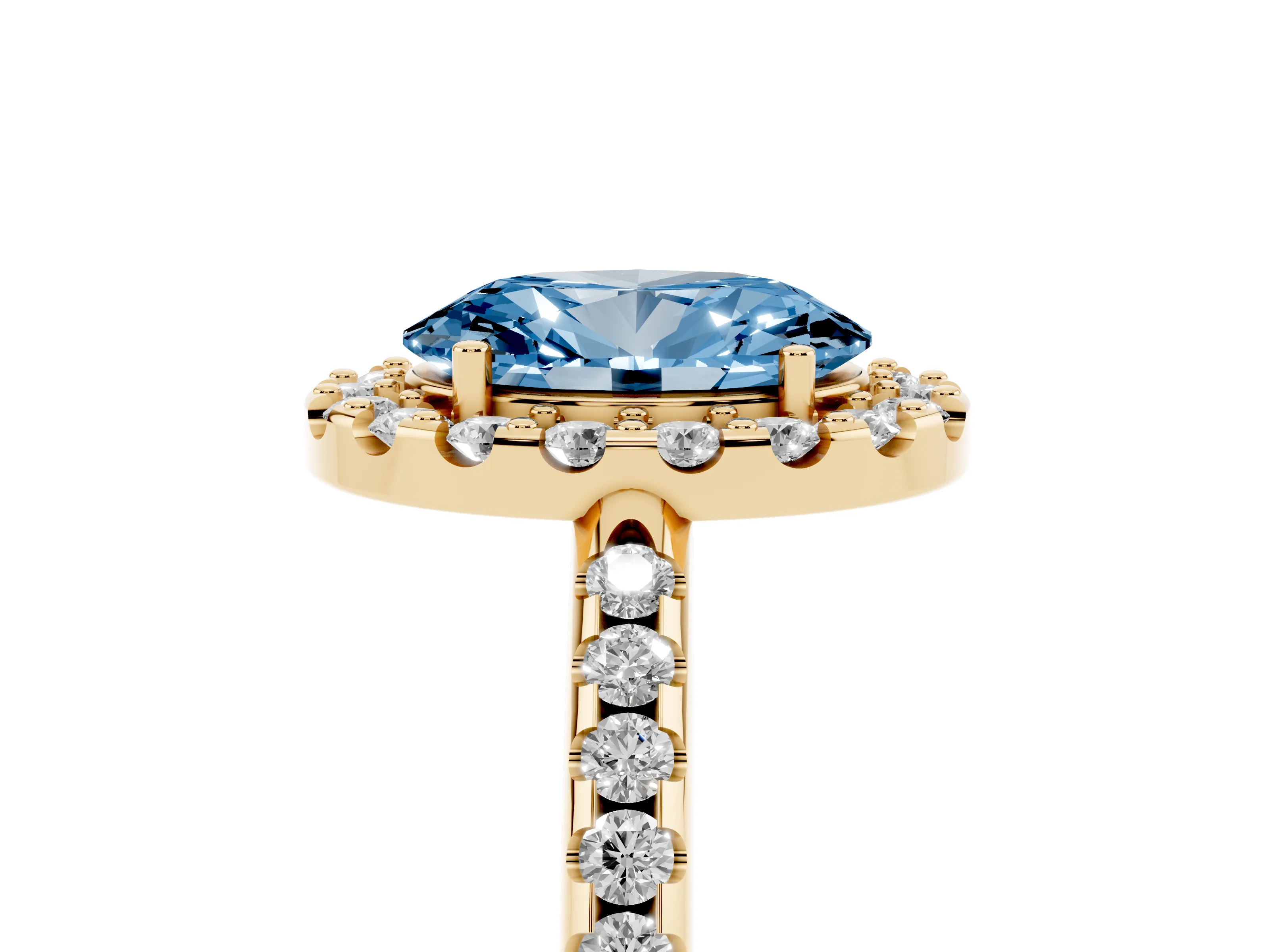 Fancy Blue Oval Cut Diamond Pavé Halo Ring Set in Yellow gold with Prong Setting