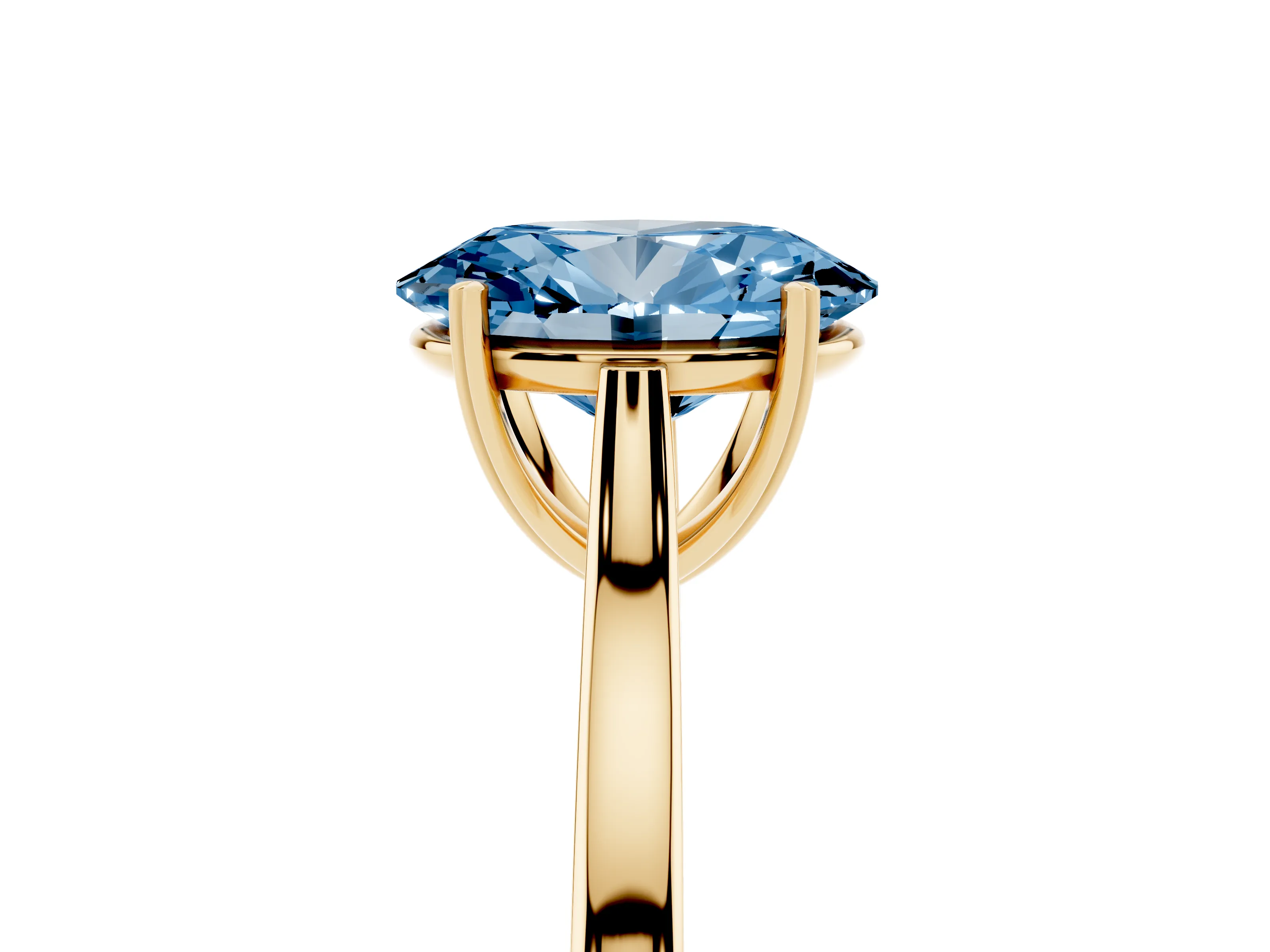 Fancy Blue Oval Cut Diamond Solitaire Heart Prong Engagement Ring Set in Yellow gold with Tapered Band