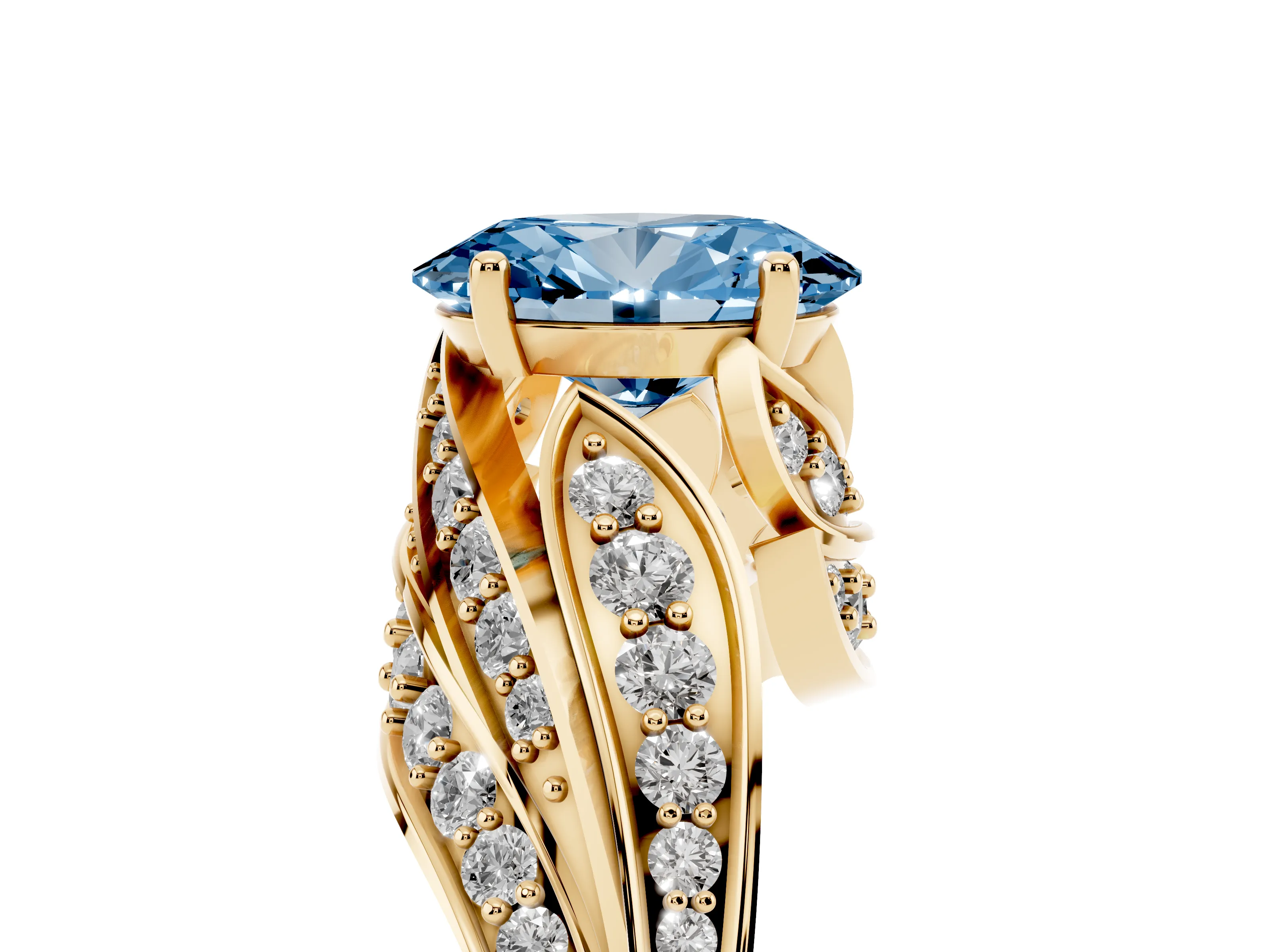 Fancy Blue Oval Cut Diamond Solitaire Ring Set in Yellow gold with Layered Twist Pavé Band