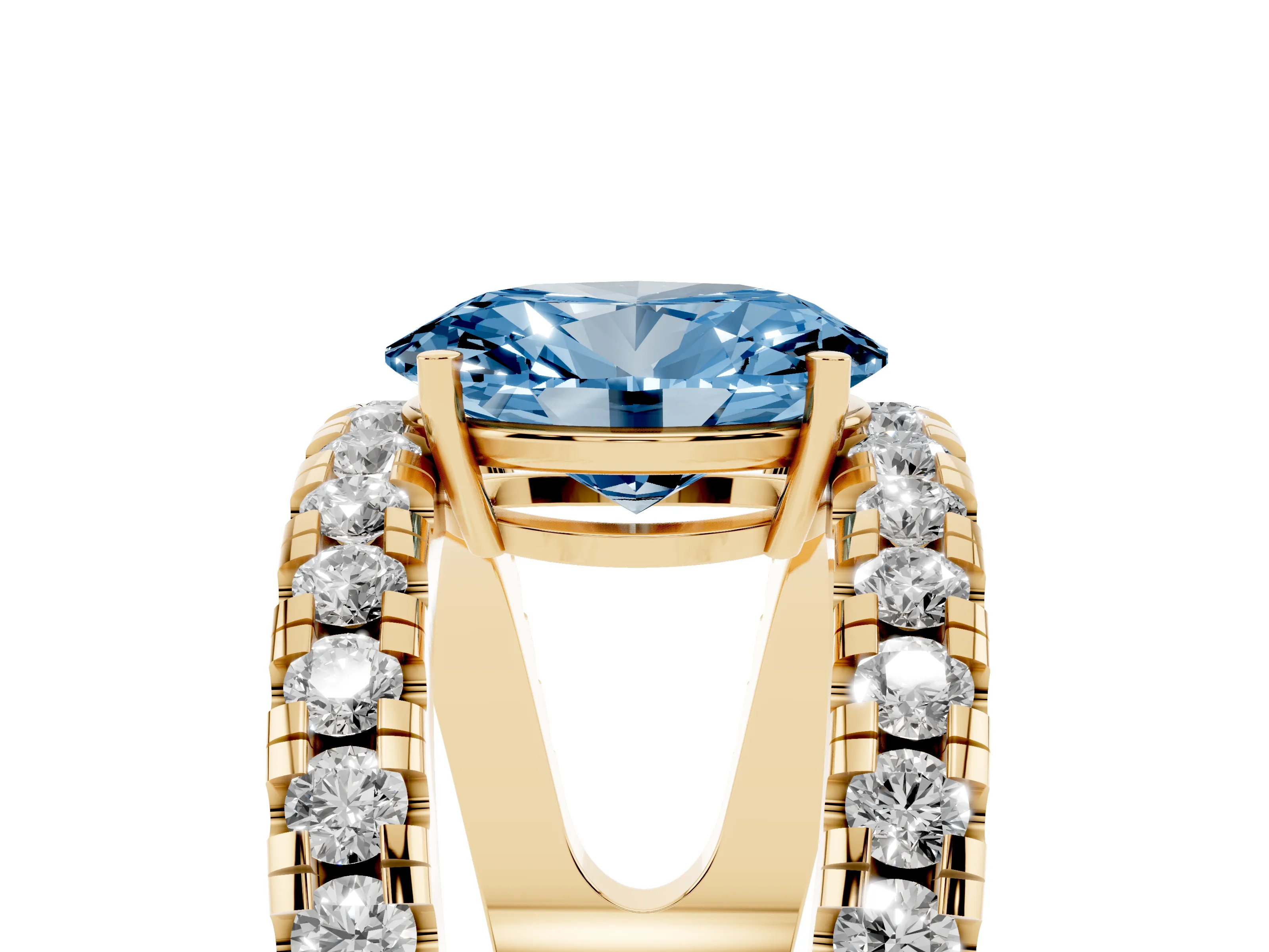 Fancy Blue Oval Cut Diamond Split Shank Pavé Solitaire Ring Set in Yellow gold with Open Shank Design
