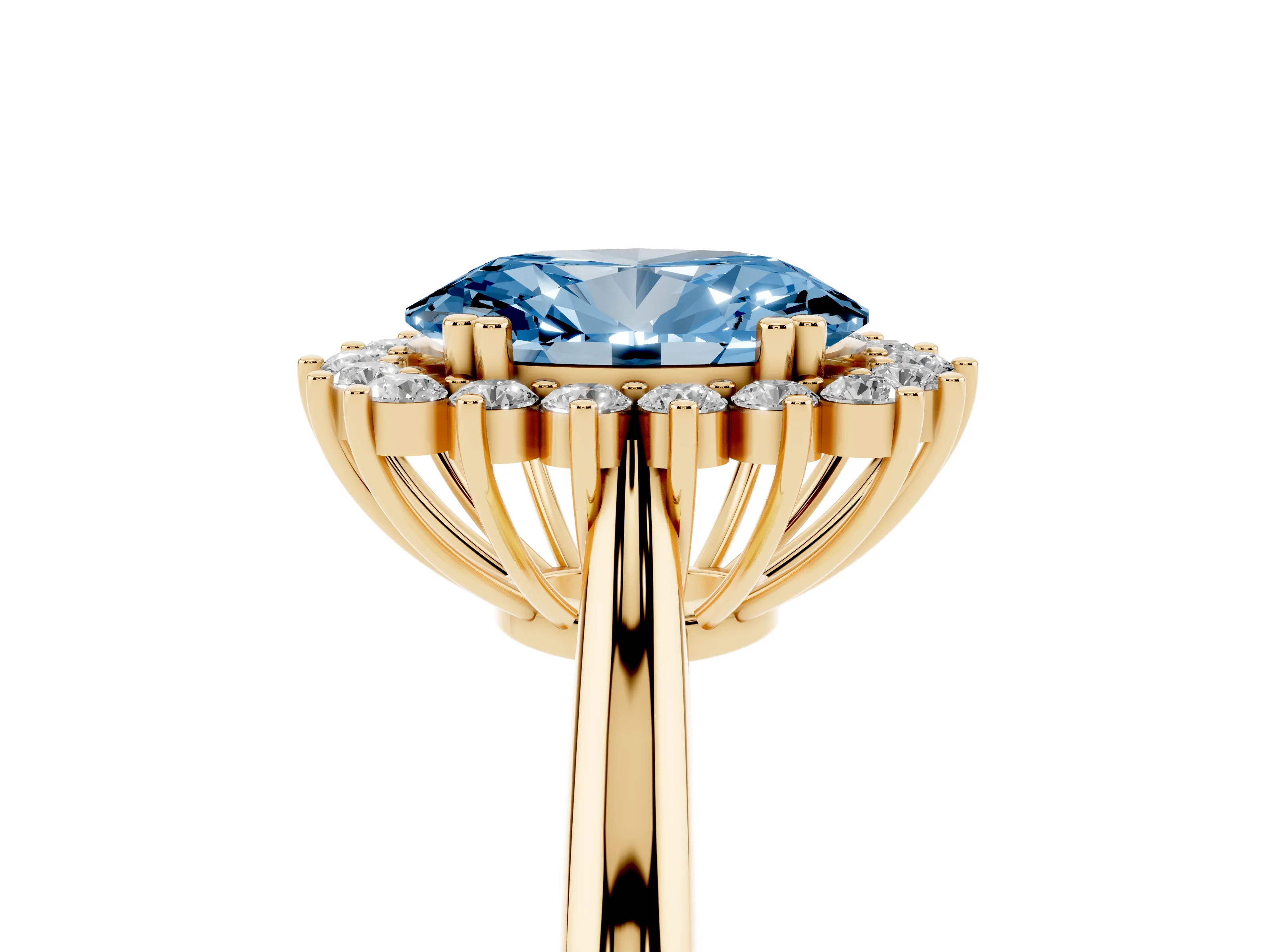Fancy Blue Oval Cut Diamond Halo Ring Set in Yellow gold with Plain Solitaire Band and Prong Setting