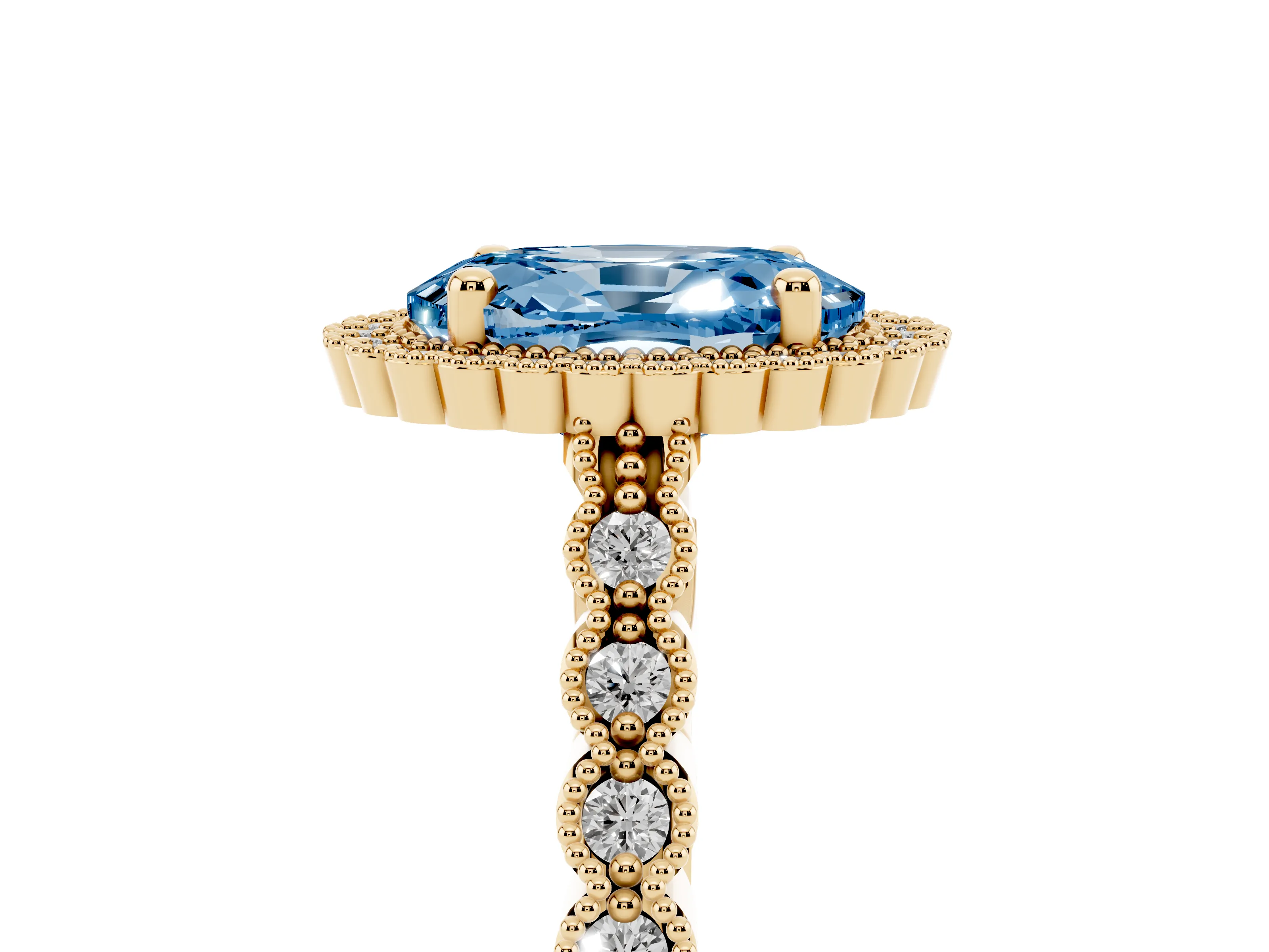 Fancy Blue Oval Cut Diamond Halo Ring Set in Yellow gold with Pavé Milgrain Band
