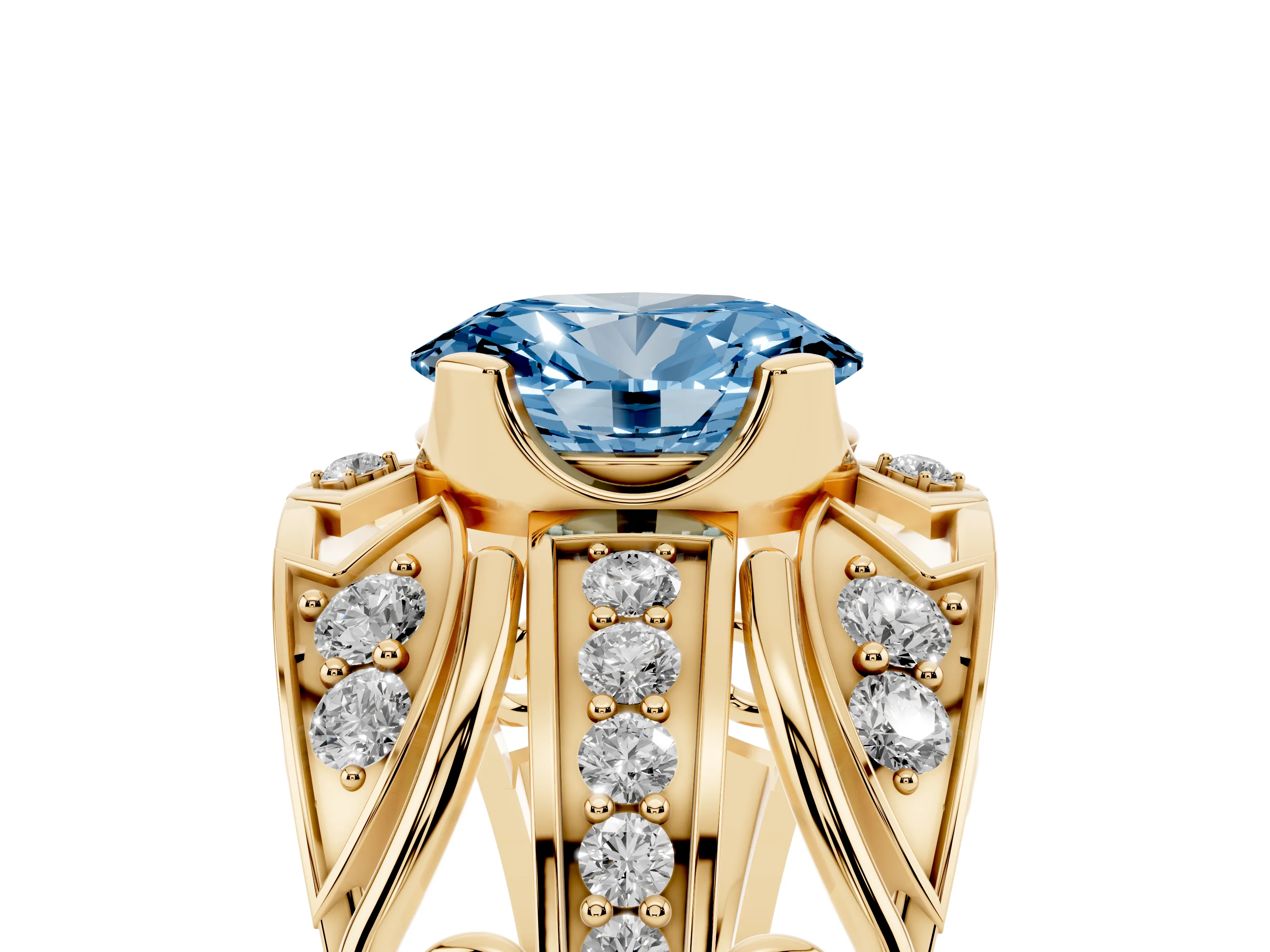 Fancy Blue Oval Cut Diamond Art Deco Ring Set in Yellow gold with Pavé Split Shank