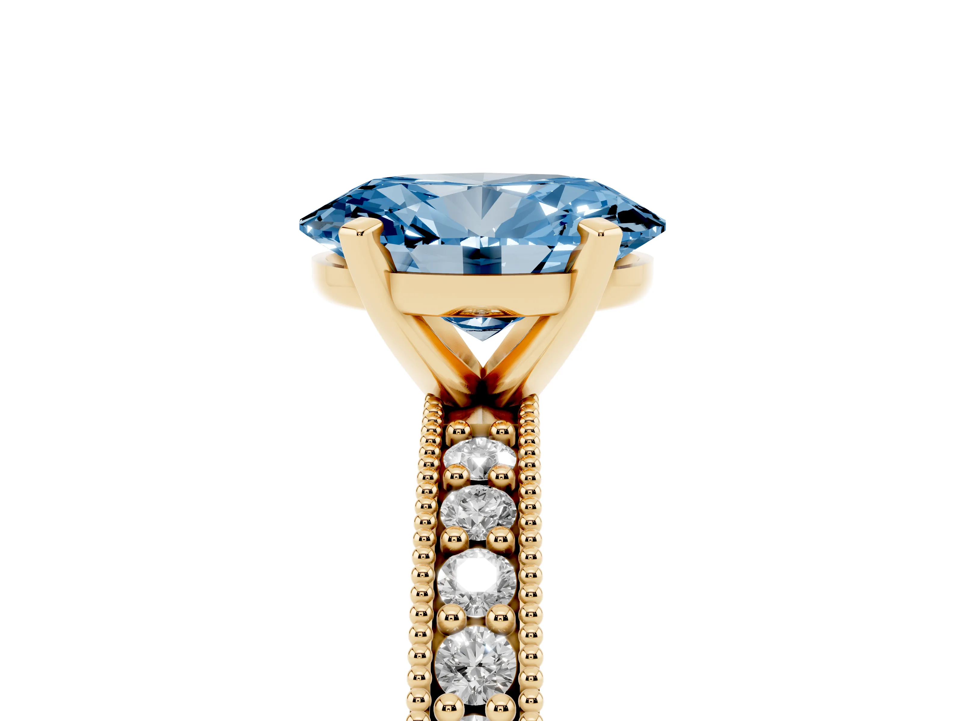 Fancy Blue Oval Cut Diamond Milgrain Pavé Engagement Ring Set in Yellow gold with Prong Setting
