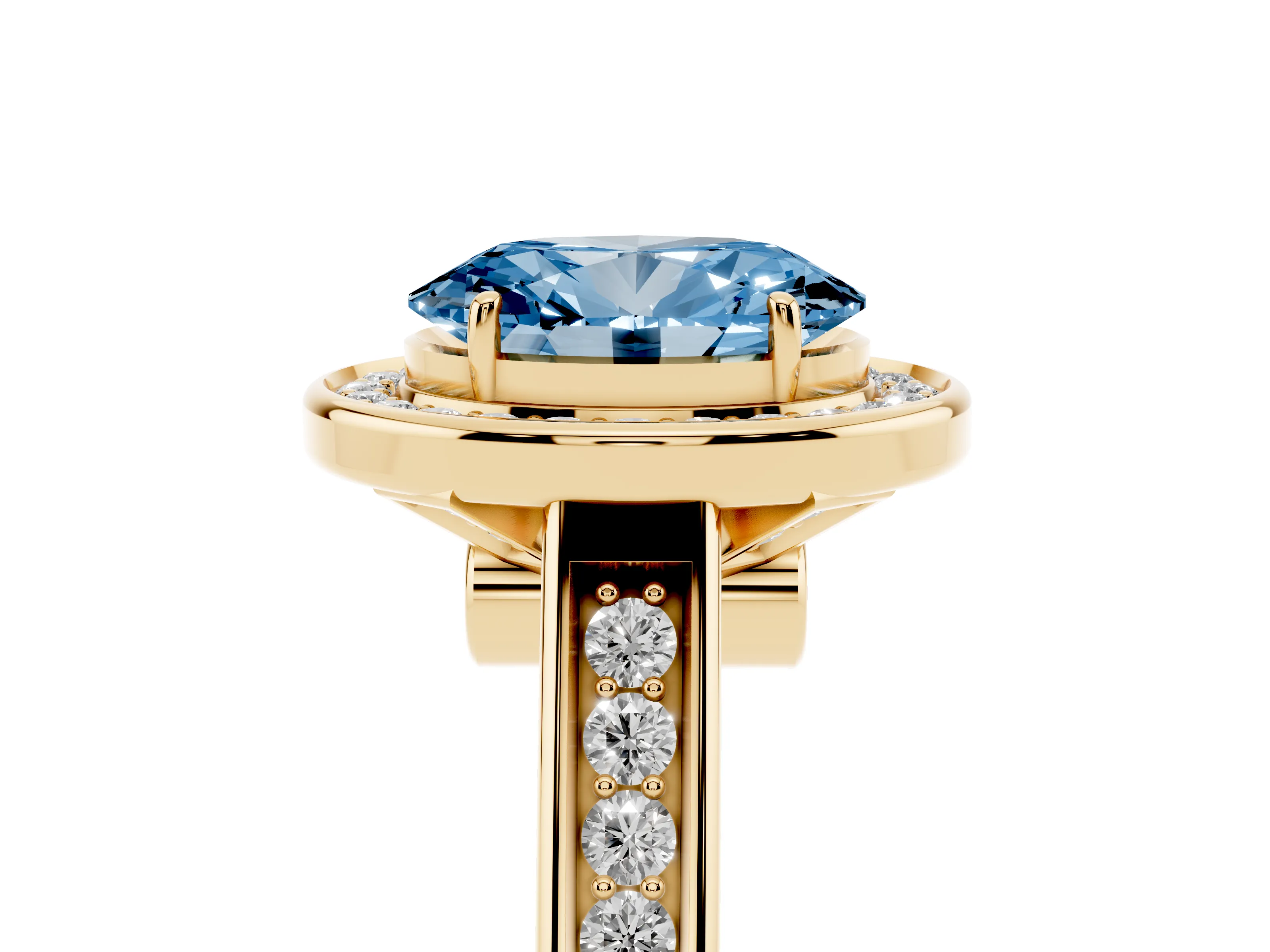 Fancy Blue Oval Cut Diamond Halo Solitaire Ring Set in Yellow gold with Pavé Band and Bezel Setting
