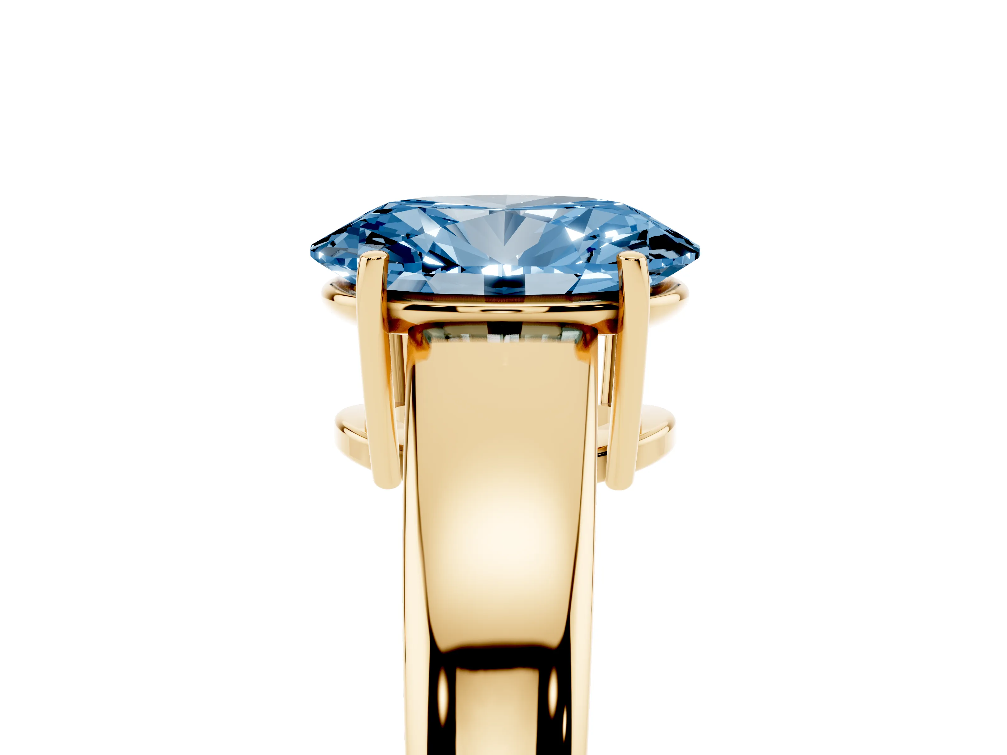 Fancy Blue Oval Cut Diamond Solitaire Ring Set in Yellow gold with Tapered Band and Prong Setting