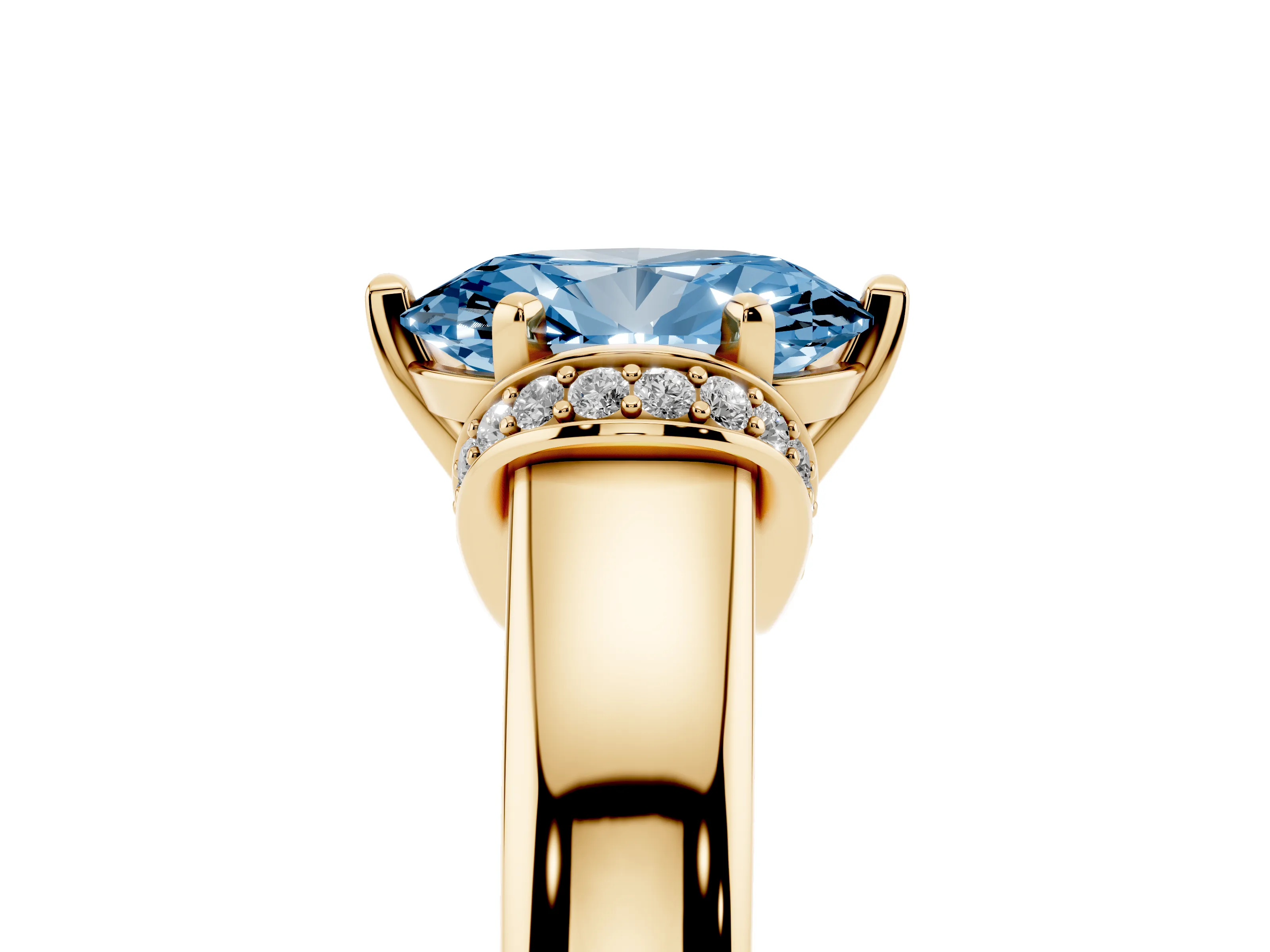 Fancy Blue Oval Cut Diamond Pavé Band Solitaire Ring Set in Yellow gold with Prong Setting