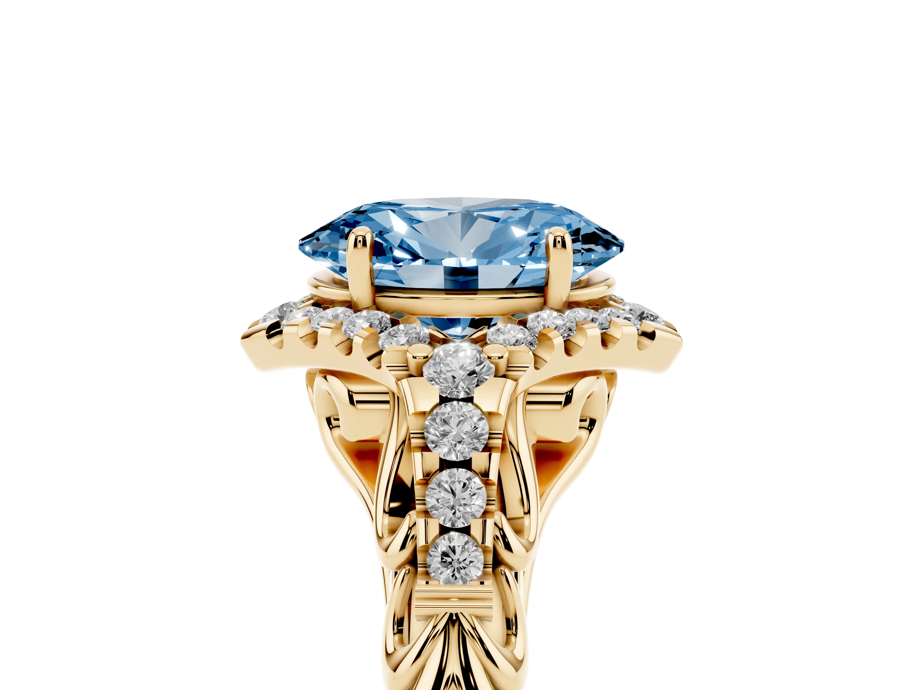Fancy Blue Oval Cut Diamond Solitaire Ring Set in Yellow gold with Hidden Halo and Pavé Band