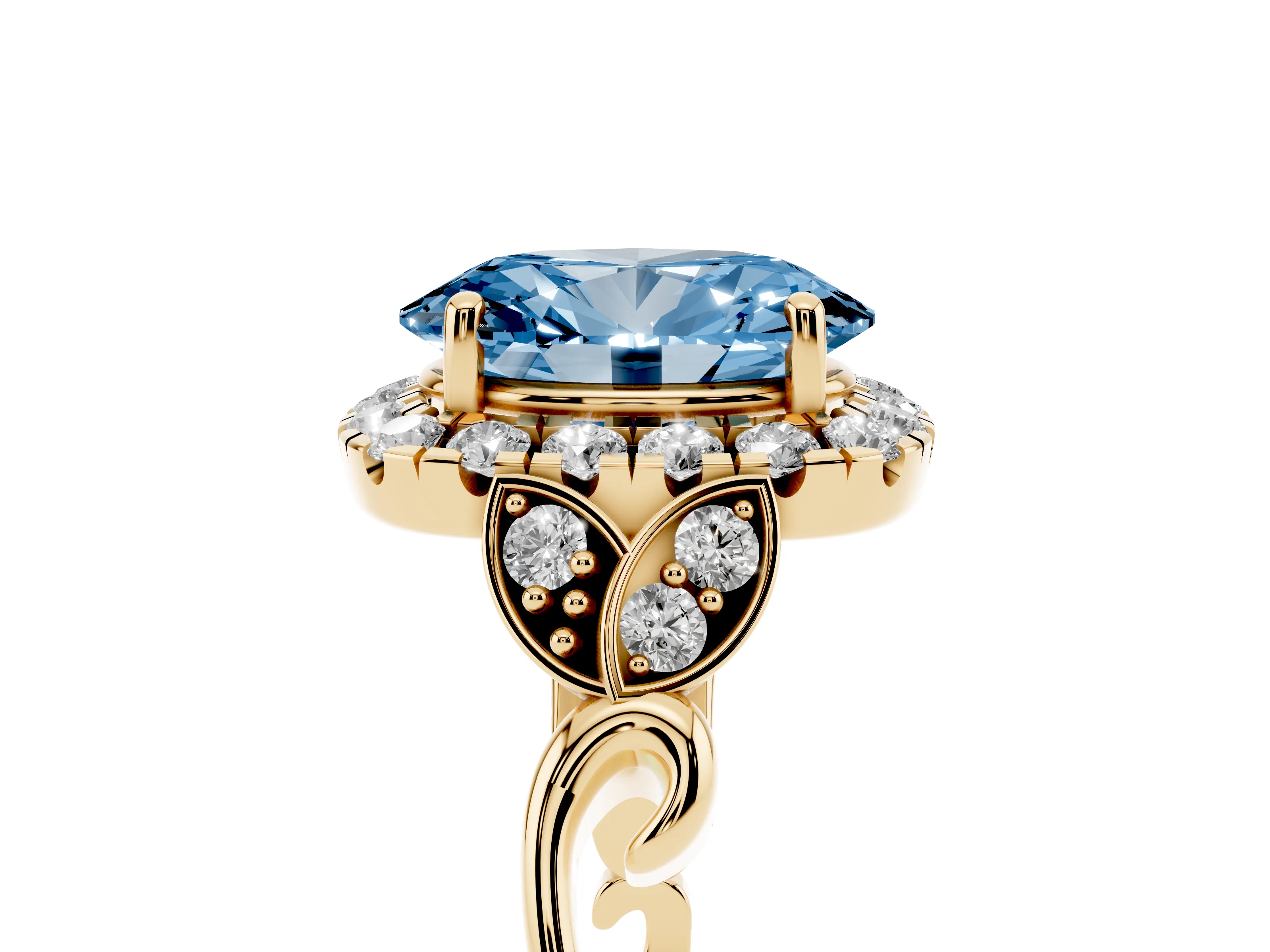Fancy Blue Oval Cut Diamond Halo Engagement Ring Set in Yellow gold with Vintage-Inspired Band and Prong Setting