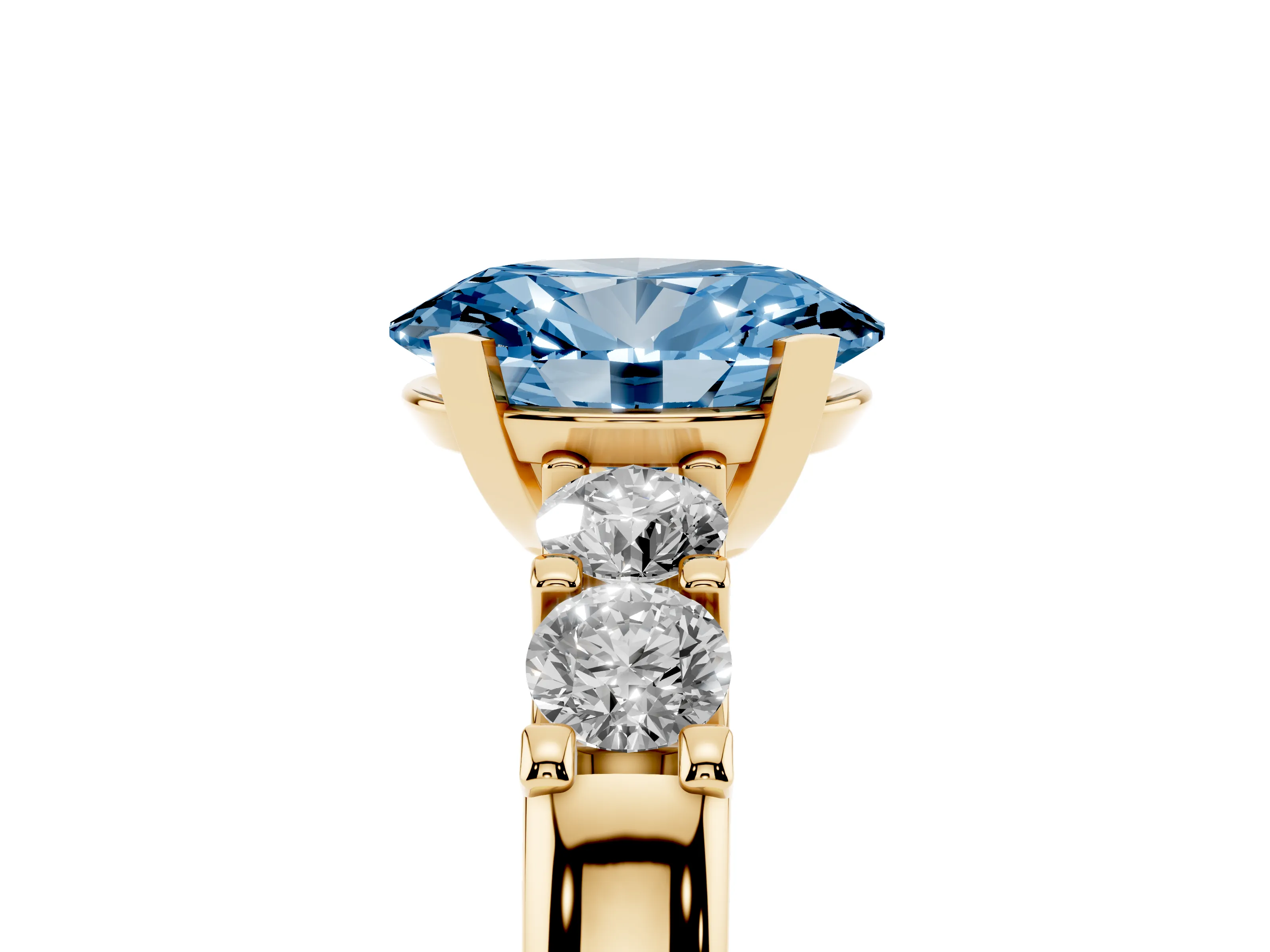 Fancy Blue Oval Cut Diamond Five-Stone Prong Set Engagement Ring Set in Yellow gold with Channel Band