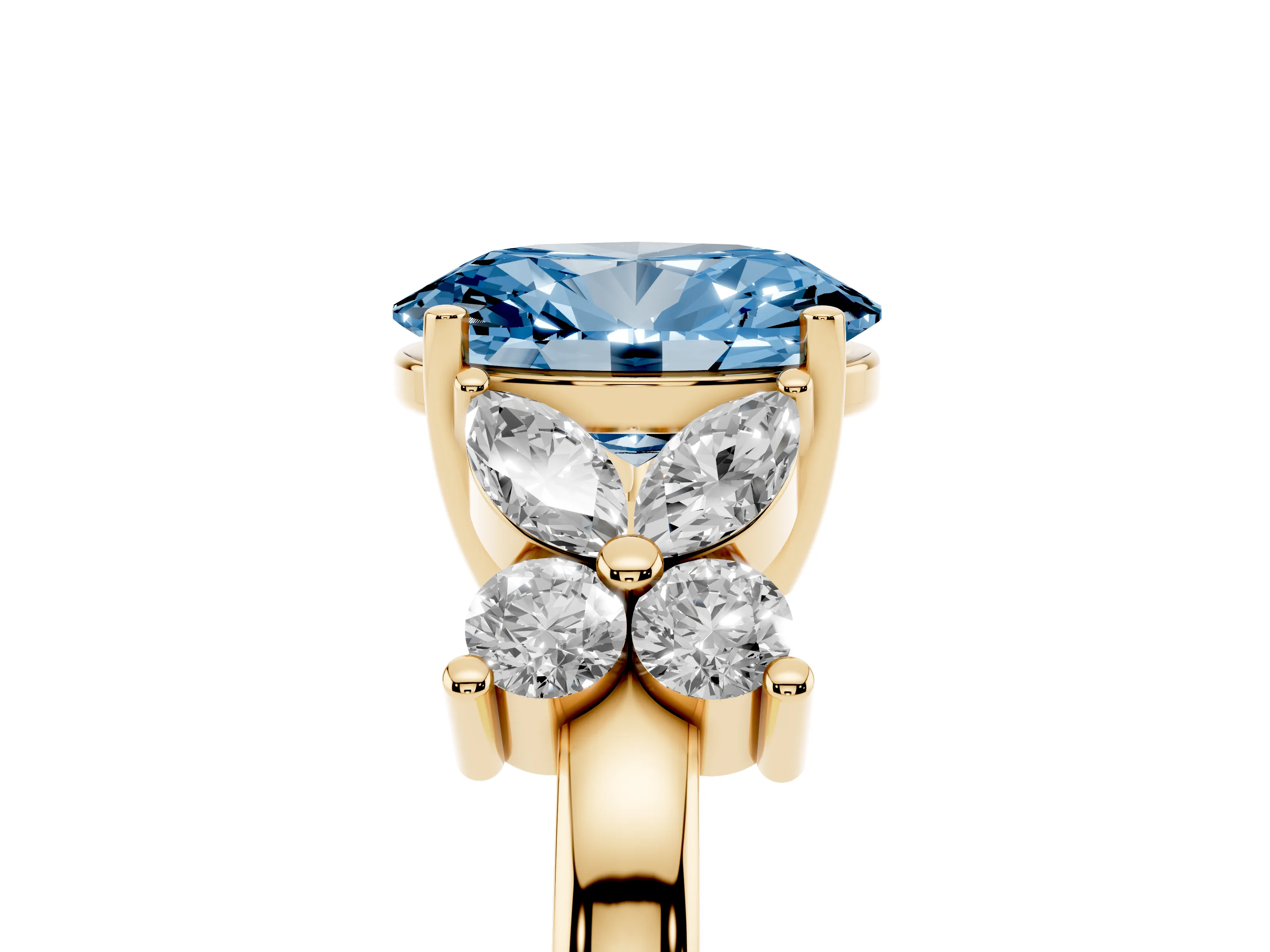 Fancy Blue Oval Cut Diamond Floral Cluster Ring Set in Yellow gold with Marquise Petals and Prong Setting