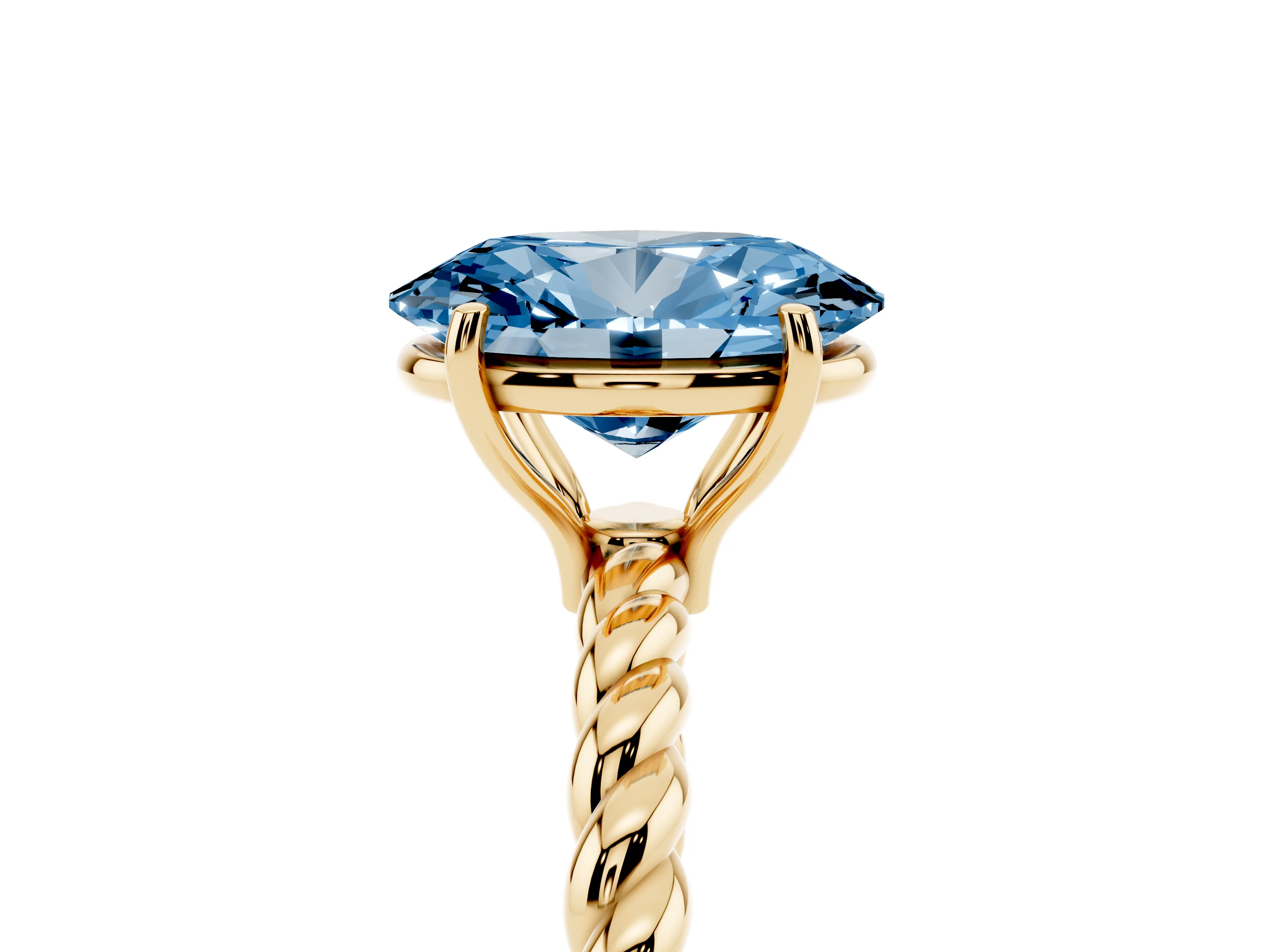 Fancy Blue Oval Cut Diamond Solitaire Twisted Band Ring Set in Yellow gold with Prong Solitaire Setting