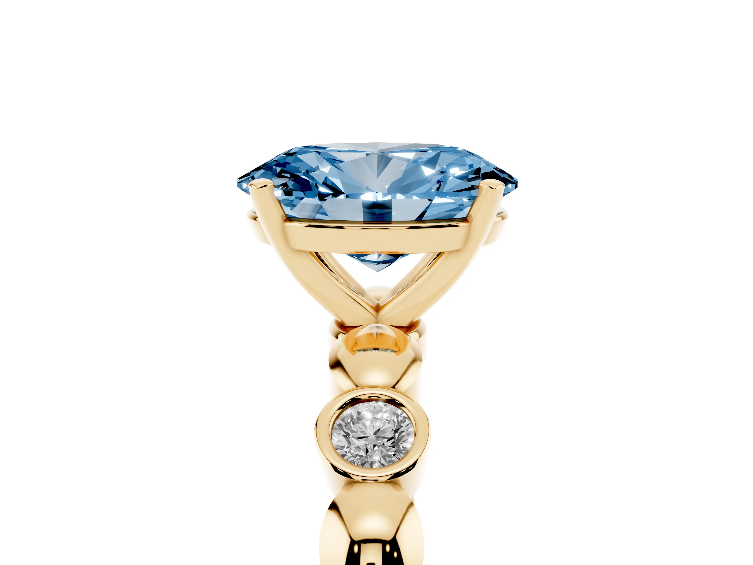 Fancy Blue Oval Cut Diamond Solitaire Ring Set in Yellow gold with Bezel-Set Accents on Beaded Band and Prong Setting