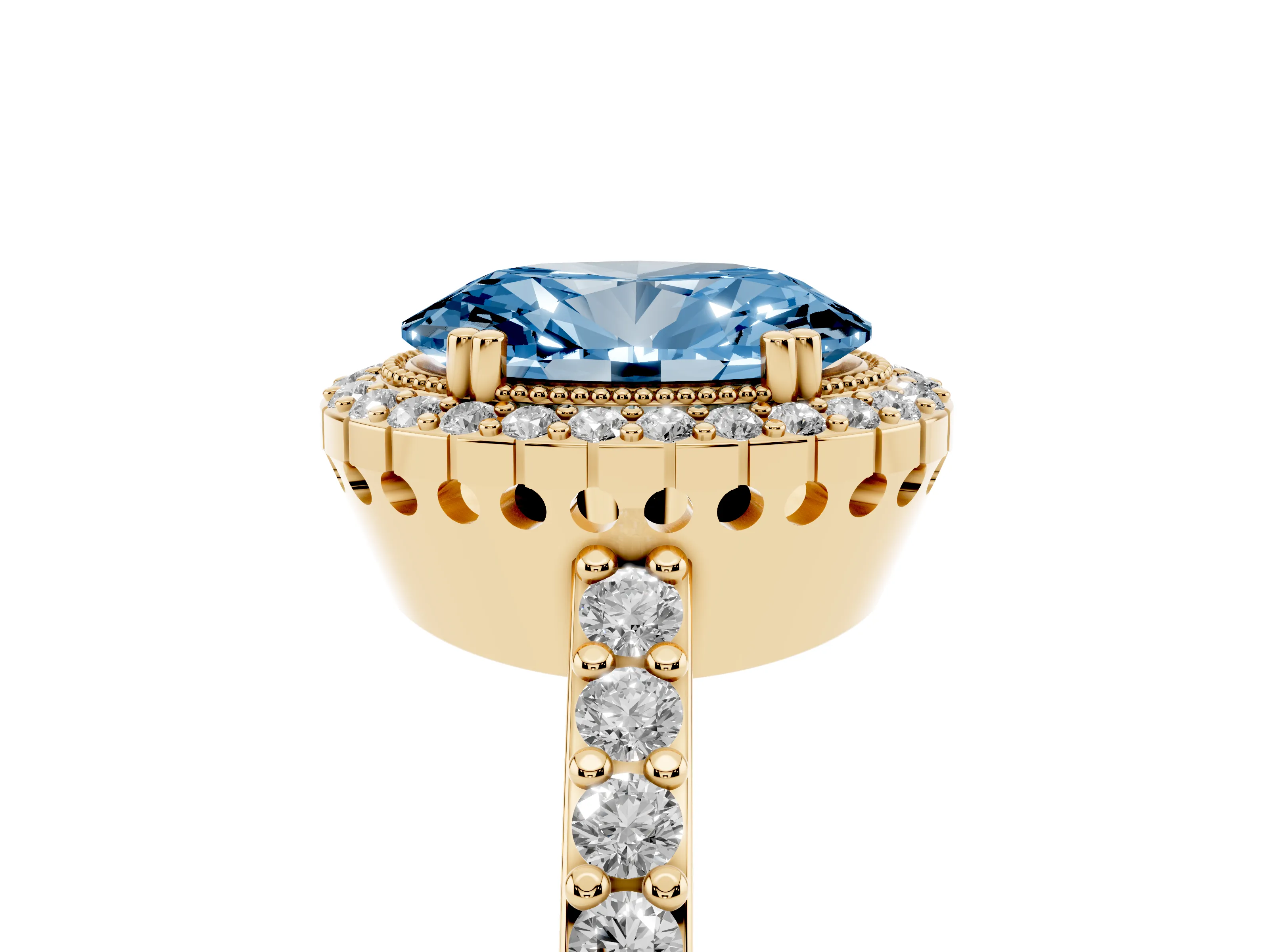 Fancy Blue Oval Cut Diamond Halo Engagement Ring Set in Yellow gold with Milgrain Detail and Pavé Band