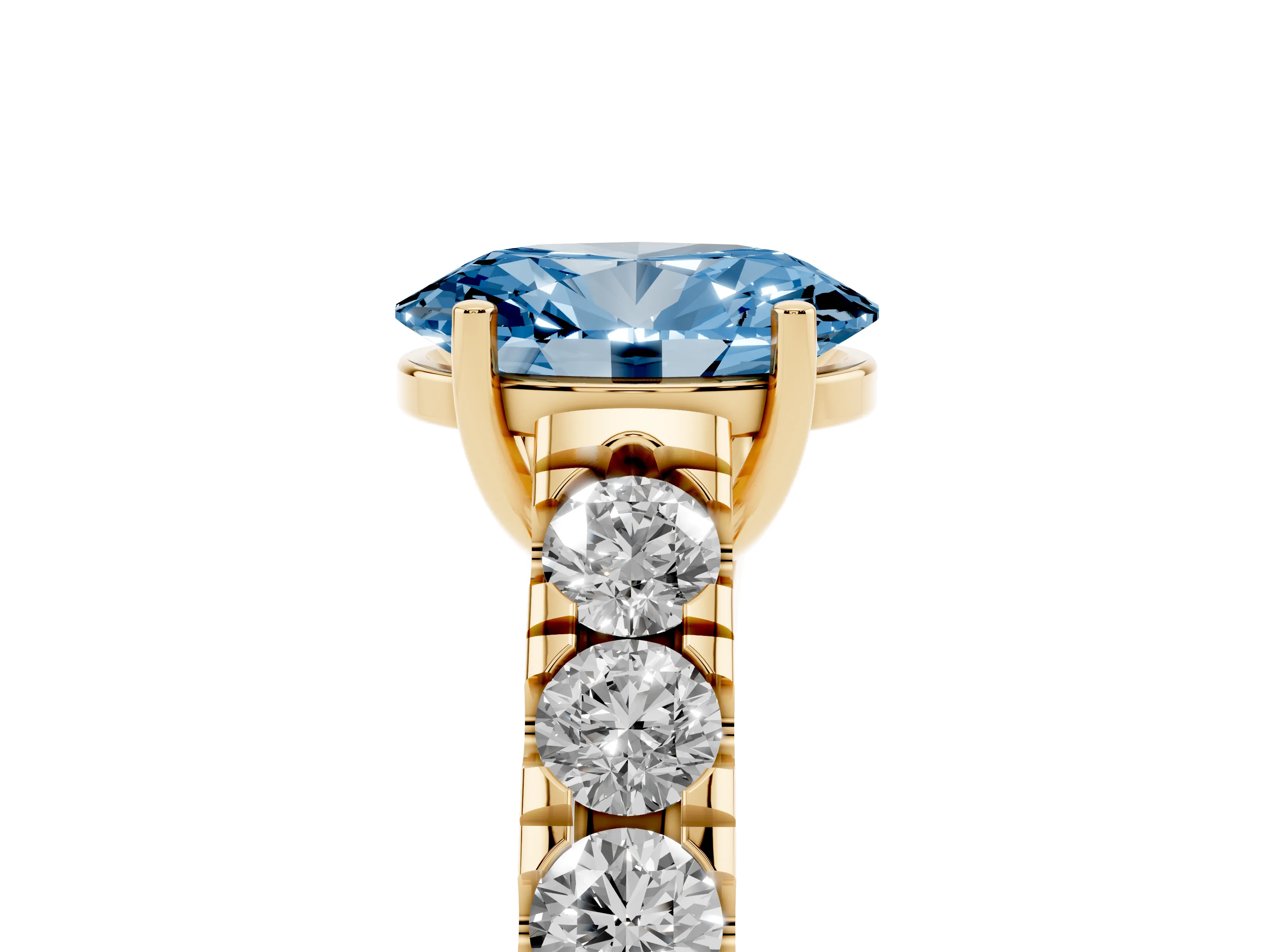 Fancy Blue Oval Cut Diamond Solitaire Ring Set in Yellow gold with Cut-Down Micro Pavé Band and Prong Setting