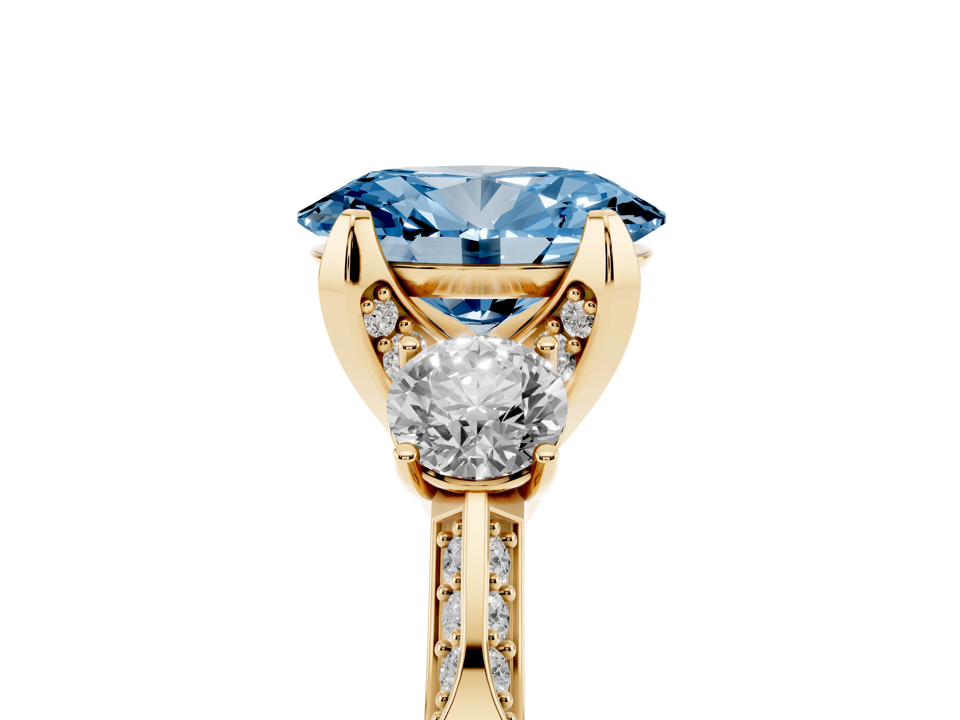 Fancy Blue Oval Cut Diamond Three-Stone Ring Set in Yellow gold with Pavé Band and Smaller Side Stones