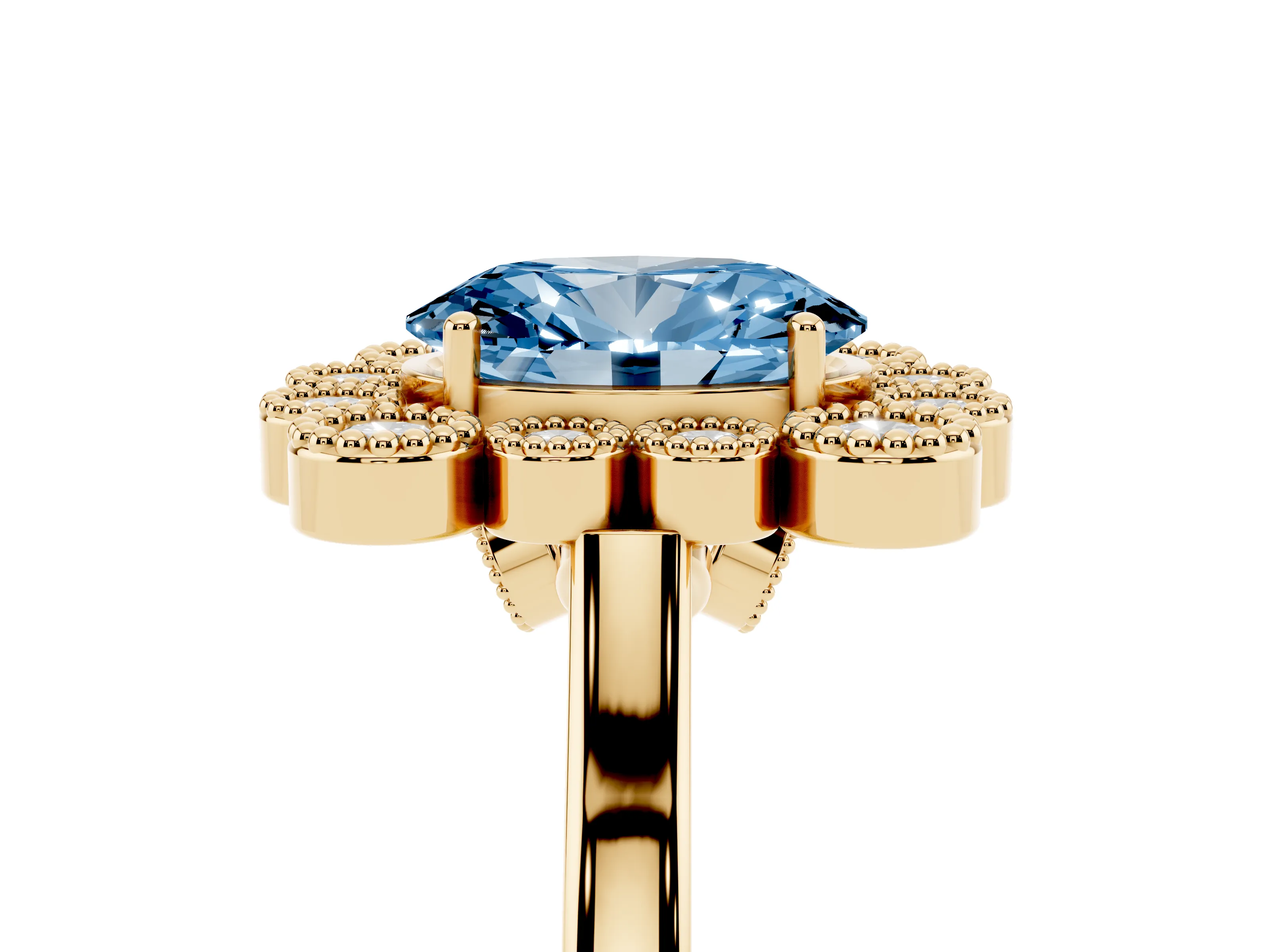 Fancy Blue Oval Cut Diamond Cluster Halo Ring Set in Yellow gold with Milgrain Bezel Accents and Plain Band
