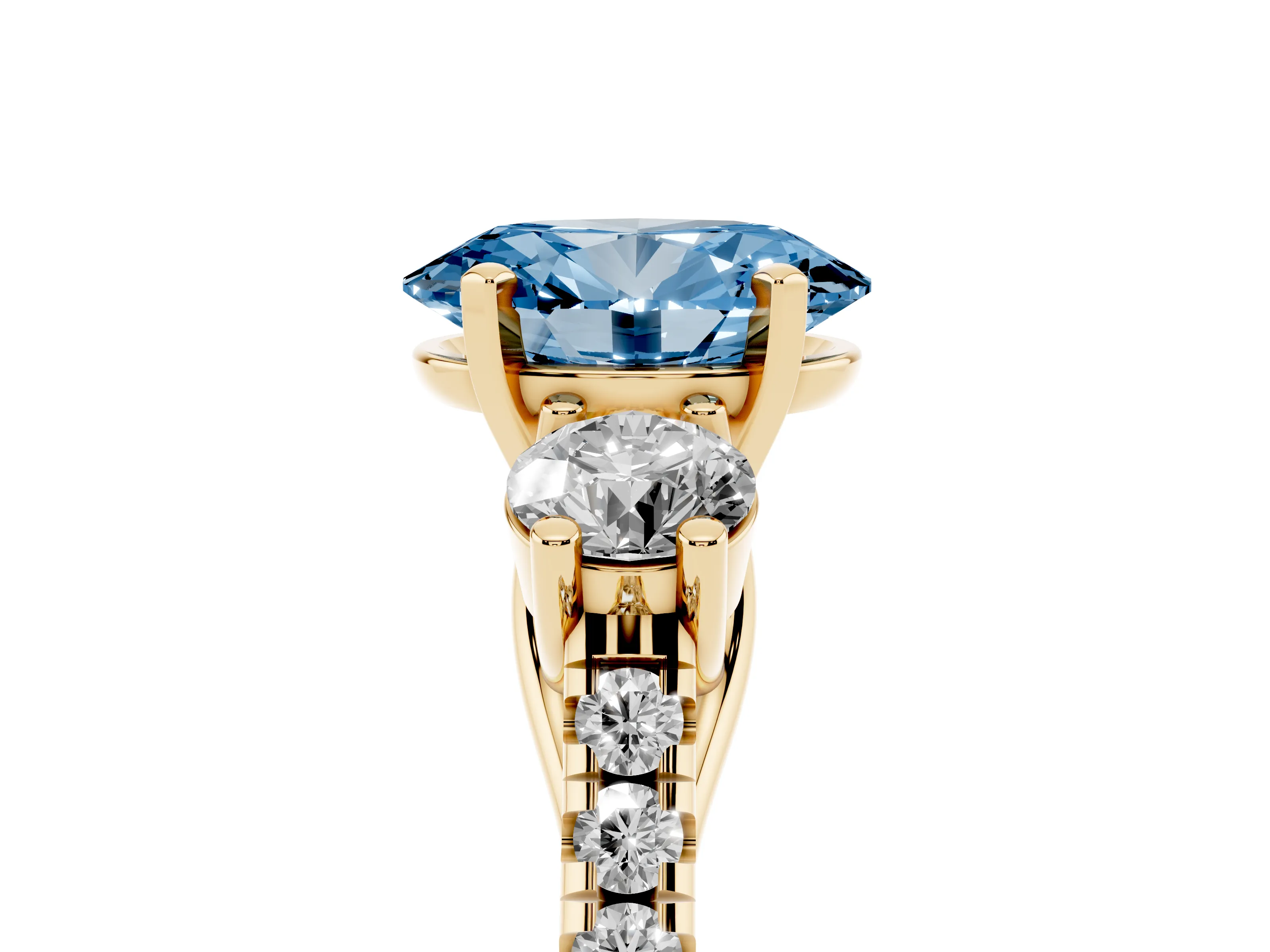 Fancy Blue Three-Stone Oval Cut Diamond Pavé Band Ring Set in Yellow gold with Prong-Set Trio
