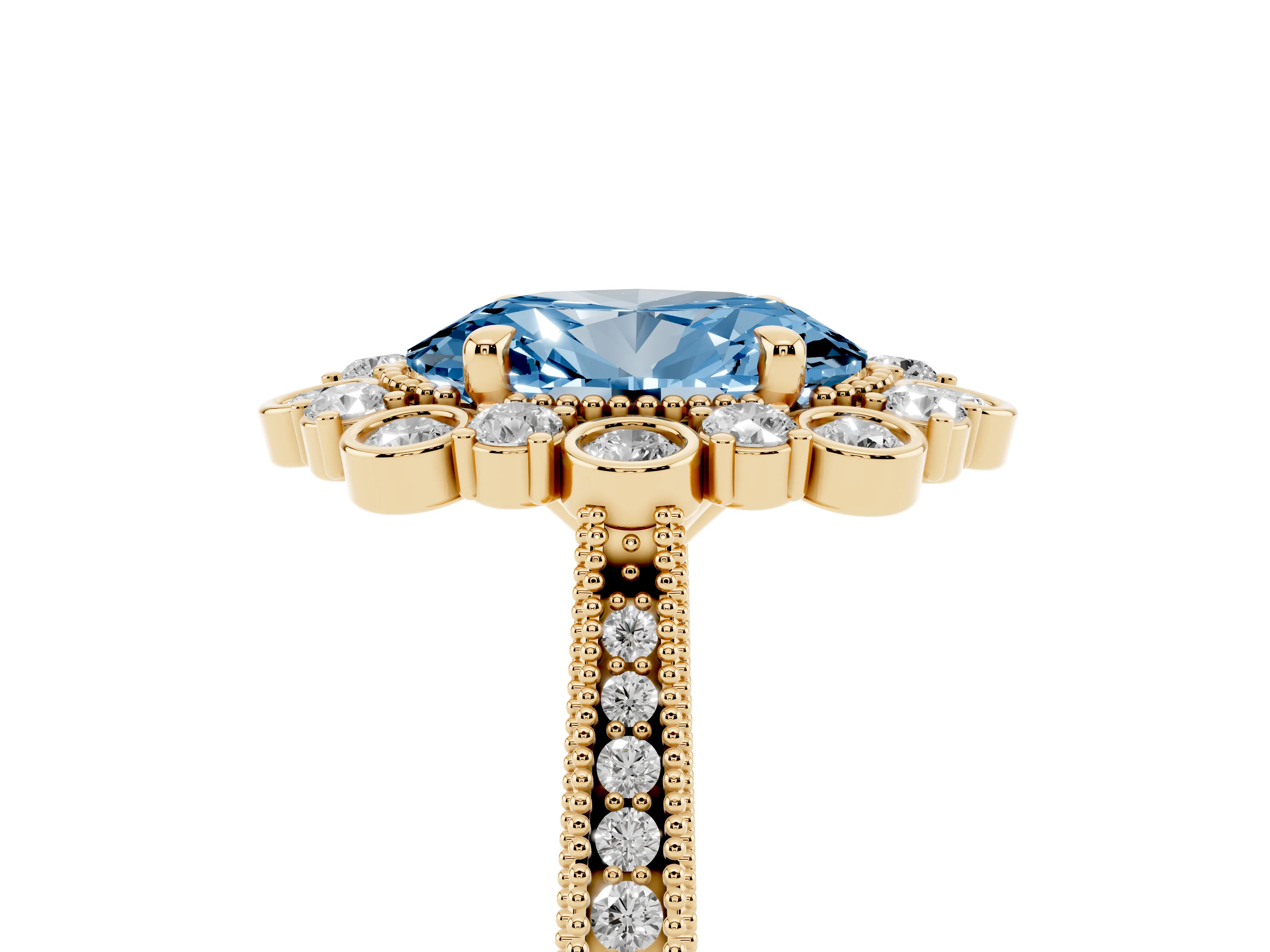Fancy Blue Oval Cut Diamond Halo Milgrain Pavé Ring Set in Yellow gold with Prong Setting