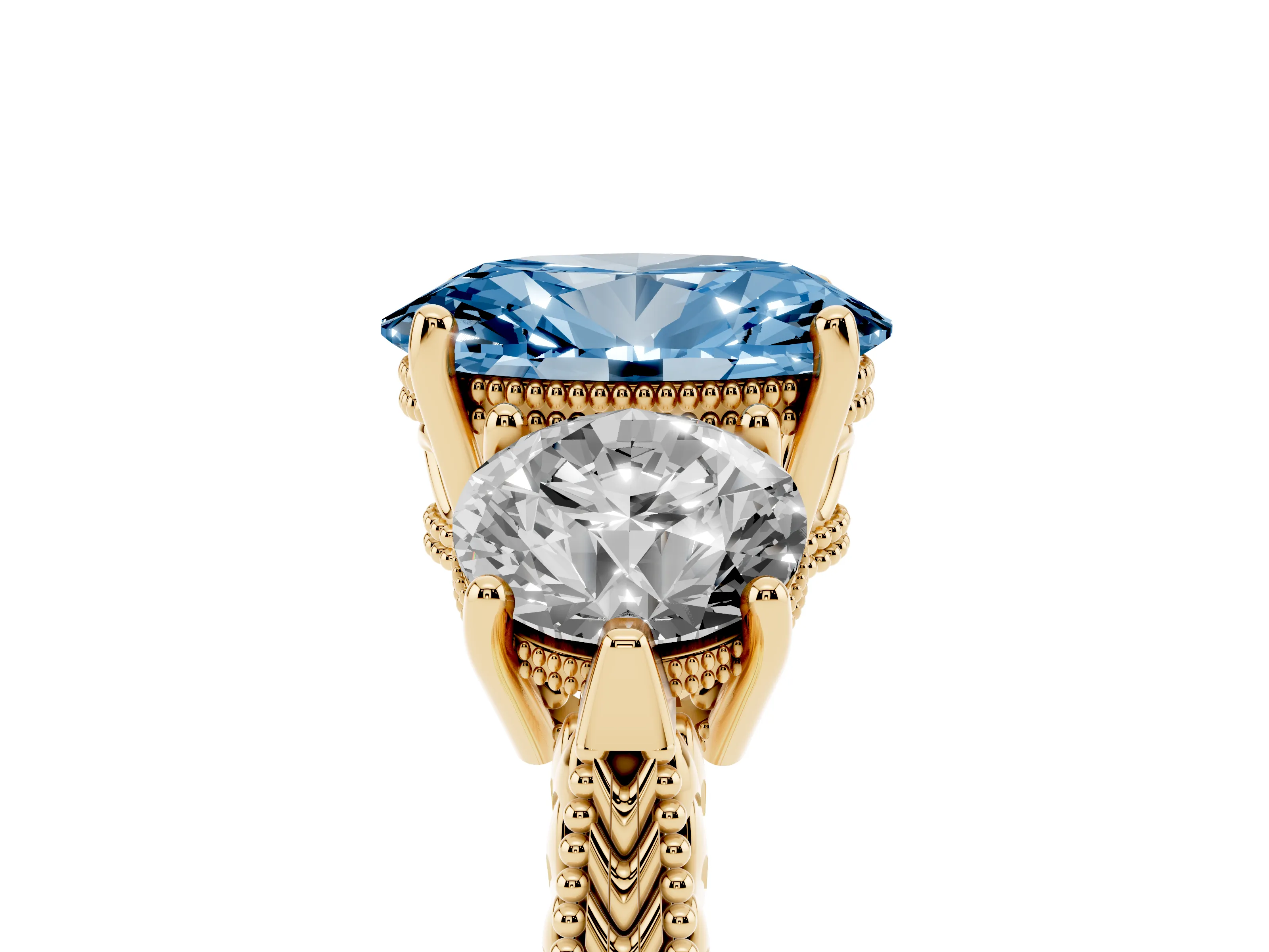 Fancy Blue Oval Cut Diamond Three-Stone Ring Set in Yellow gold with Milgrain Band