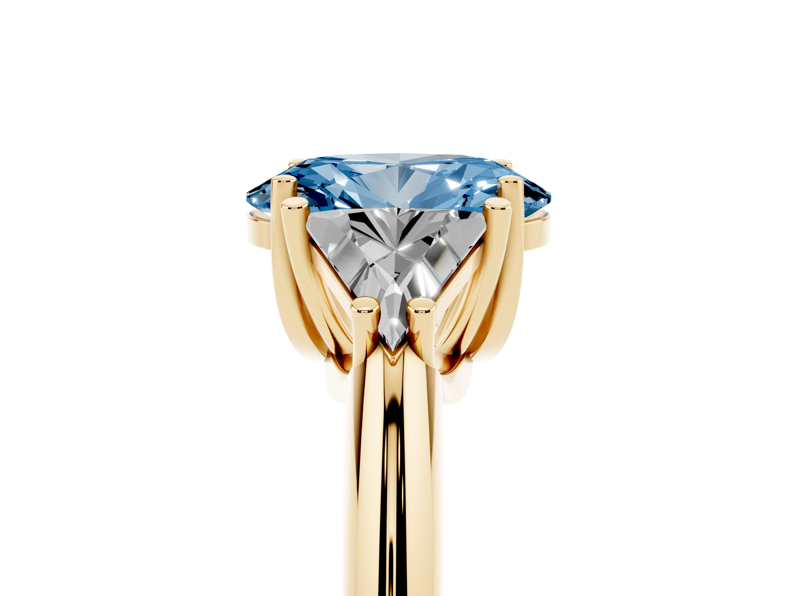 Fancy Blue Oval Cut Diamond Three-Stone Engagement Ring Set in Yellow gold with Trillion Side Stones