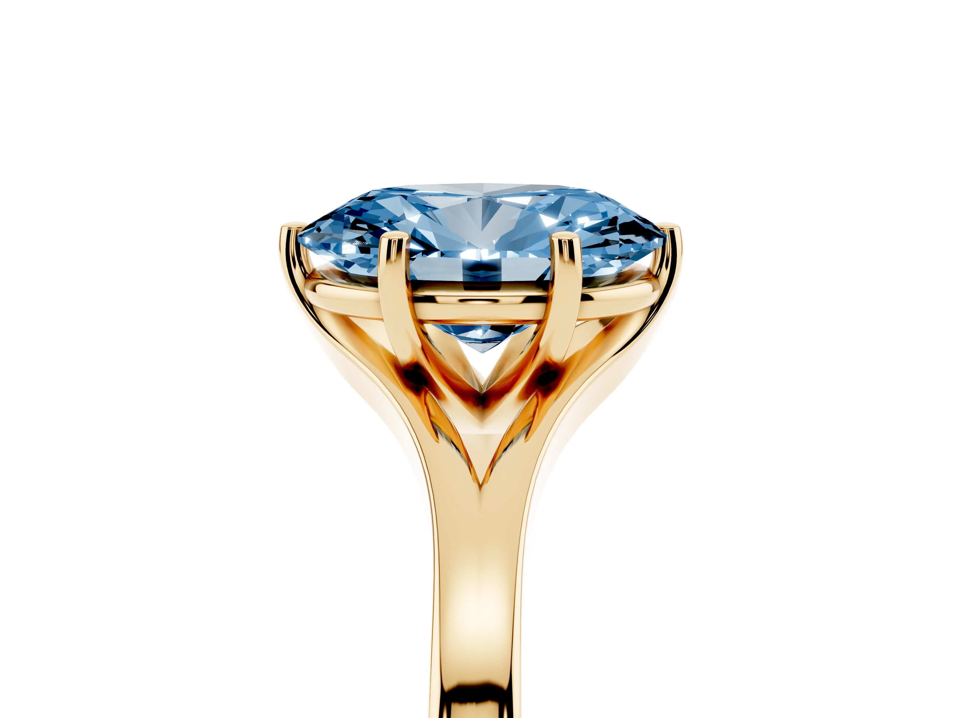 Fancy Blue Oval Cut Diamond Solitaire Ring Set in Yellow gold with Polished Tapered Band and Prong Setting