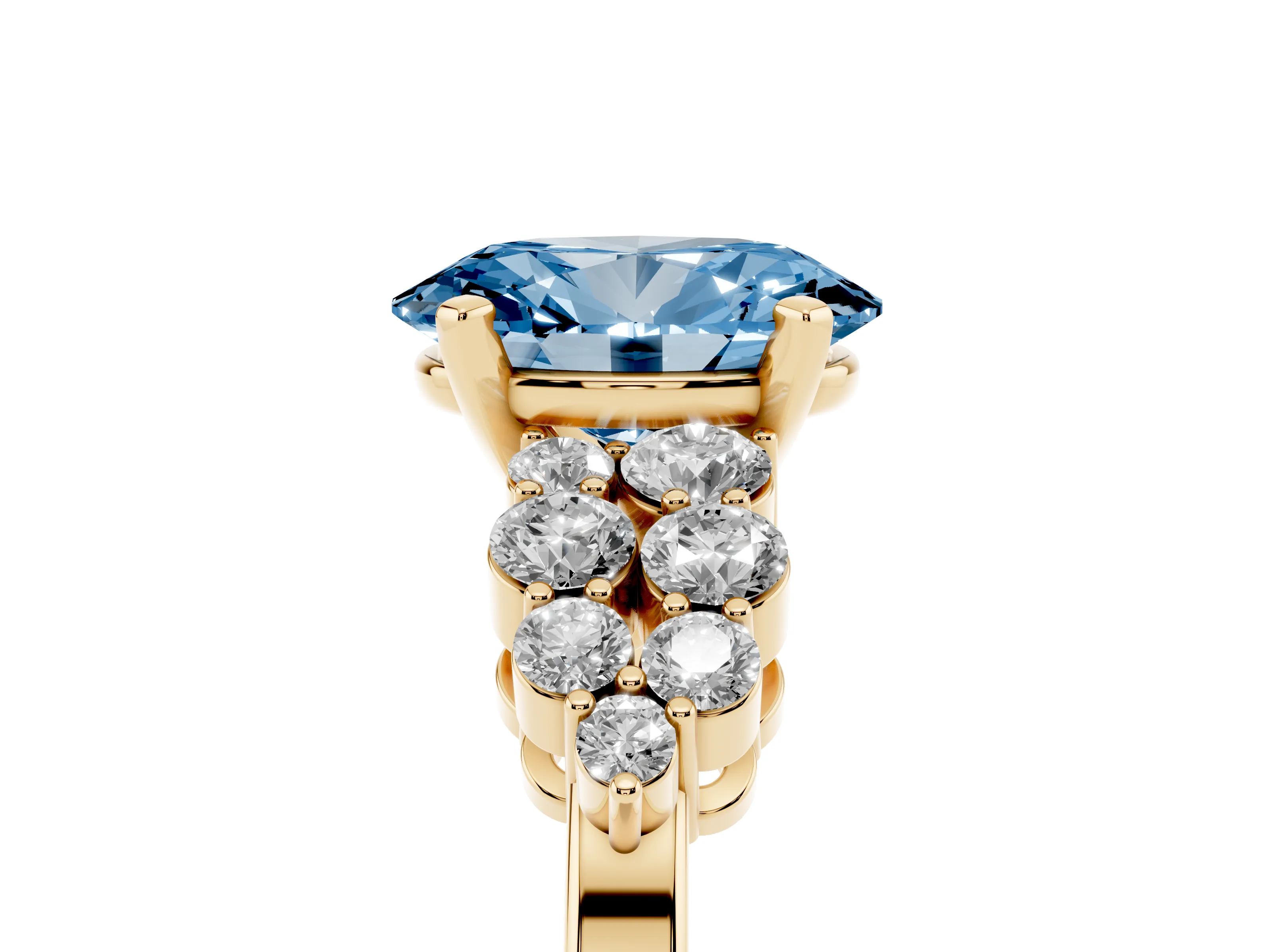 Fancy Blue Oval Cut Diamond Cluster Engagement Ring Set in Yellow gold with Pavé Band and Prong Setting