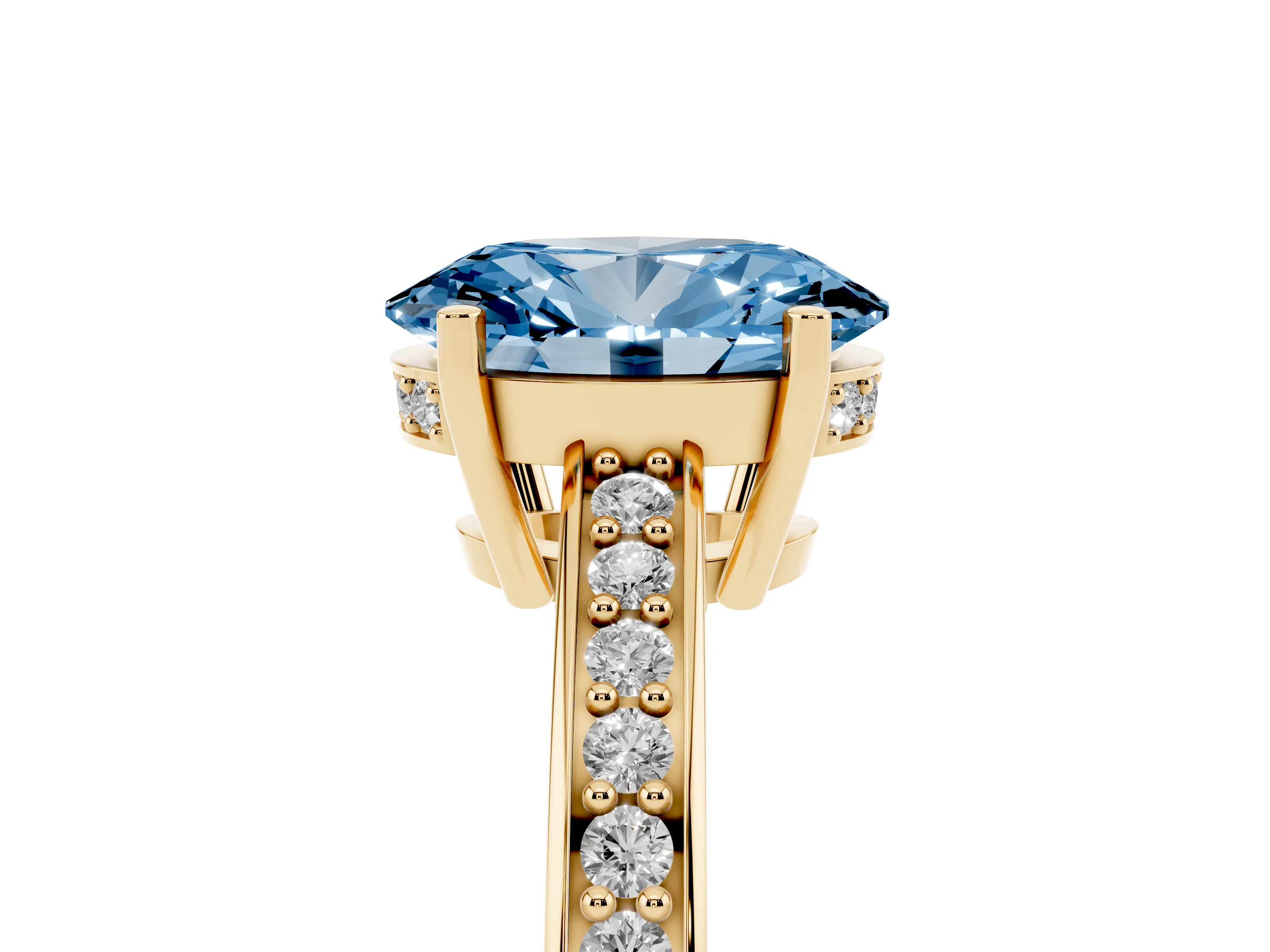 Fancy Blue Oval Cut Diamond Pavé Band Prong Set Solitaire Ring Set in Yellow gold