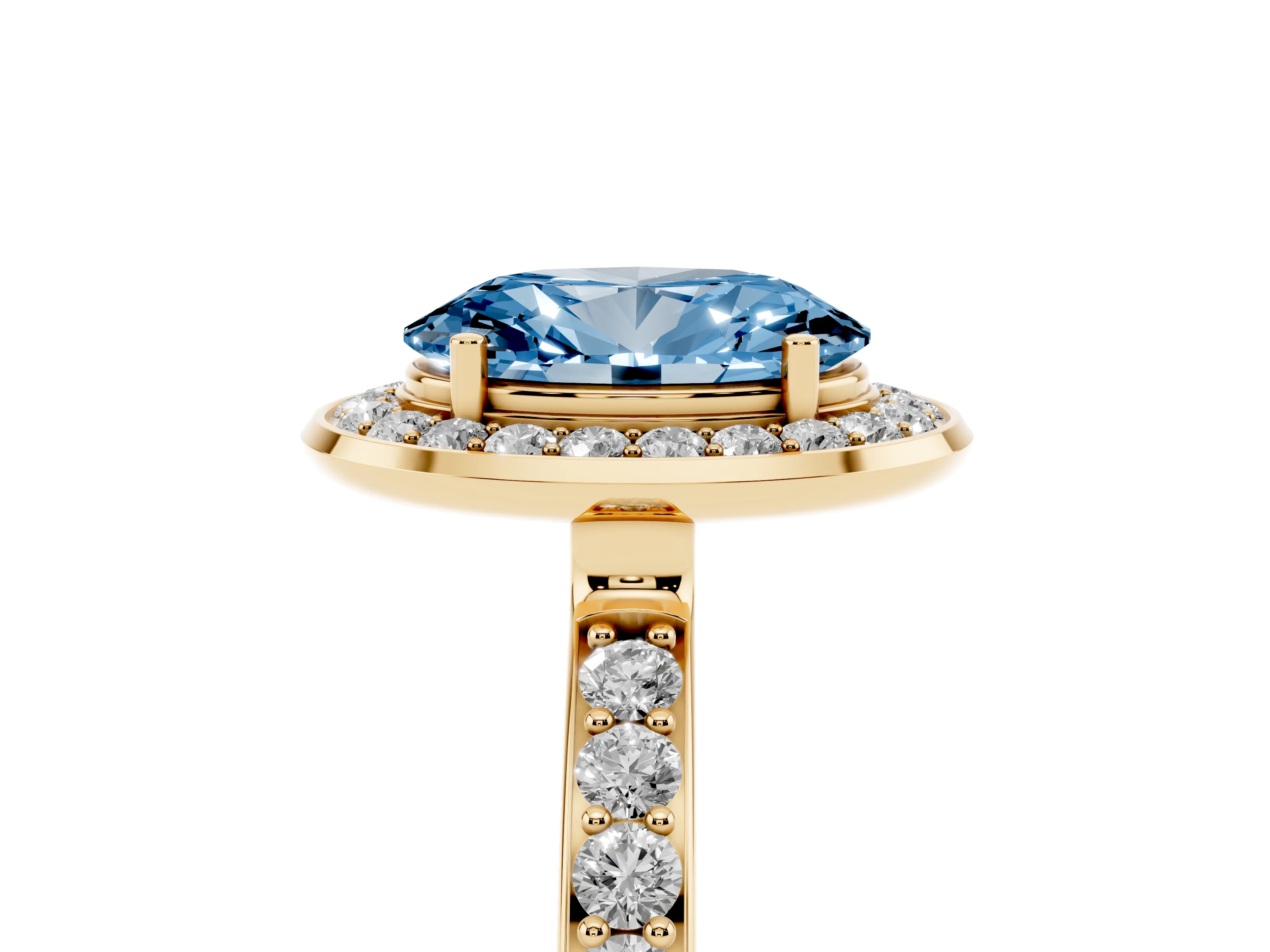 Fancy Blue Oval Cut Diamond Halo Ring Set in Yellow gold with Bezel Frame and Pavé Band