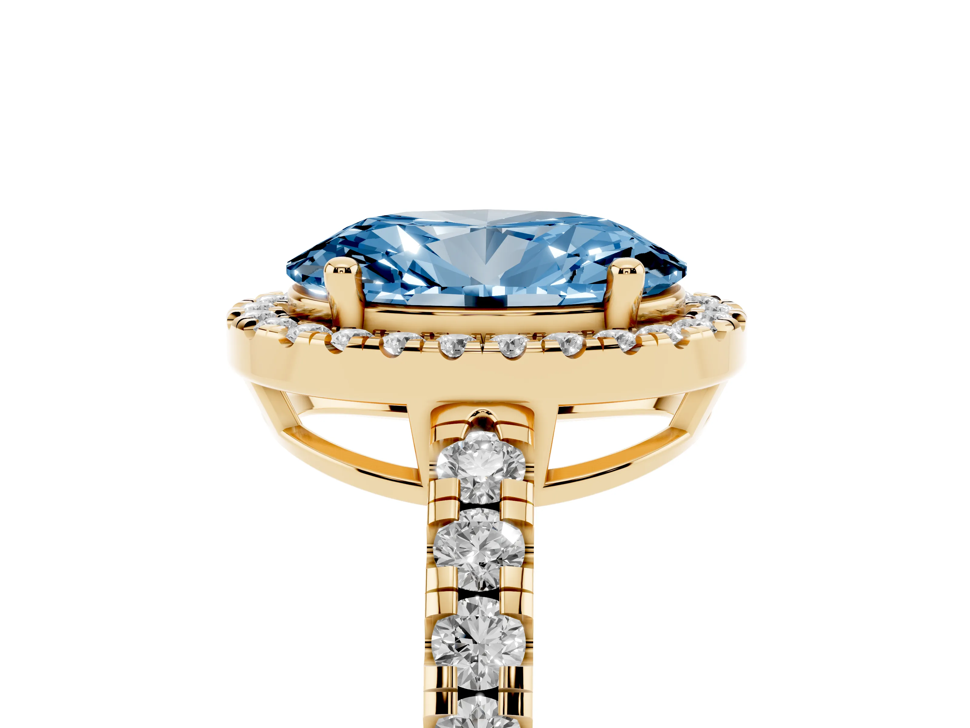 Fancy Blue Oval Cut Diamond Halo Ring Set in Yellow gold with Delicate Pavé Band and Prong Setting