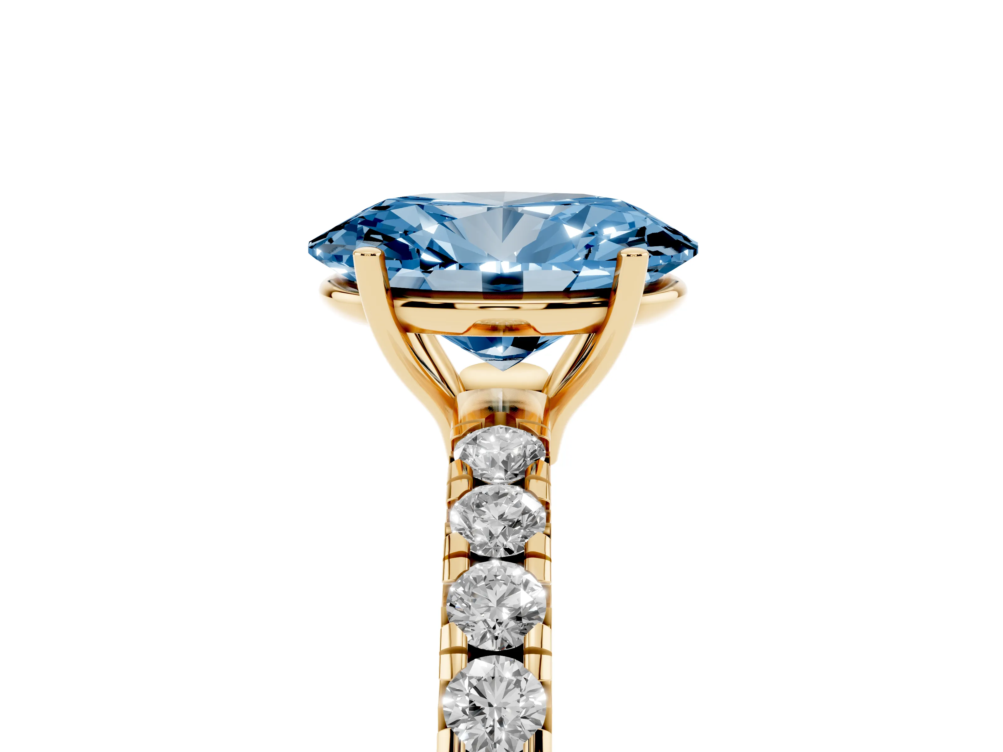 Fancy Blue Oval Cut Diamond Pavé Solitaire Engagement Ring Set in Yellow gold with Prong Setting