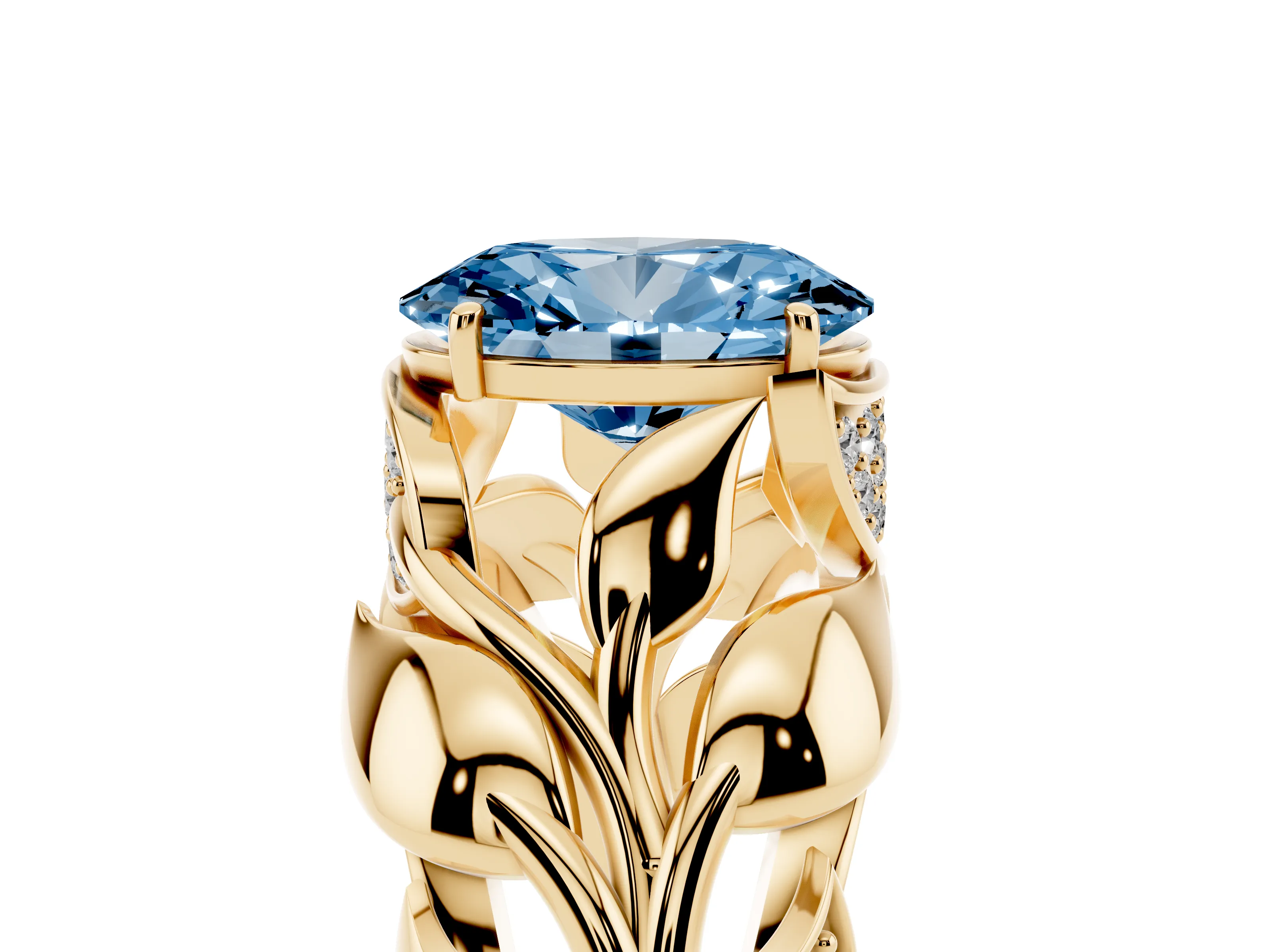 Fancy Blue Oval Cut Diamond Leaf-Inspired Engagement Ring Set in Yellow gold with Round Accents