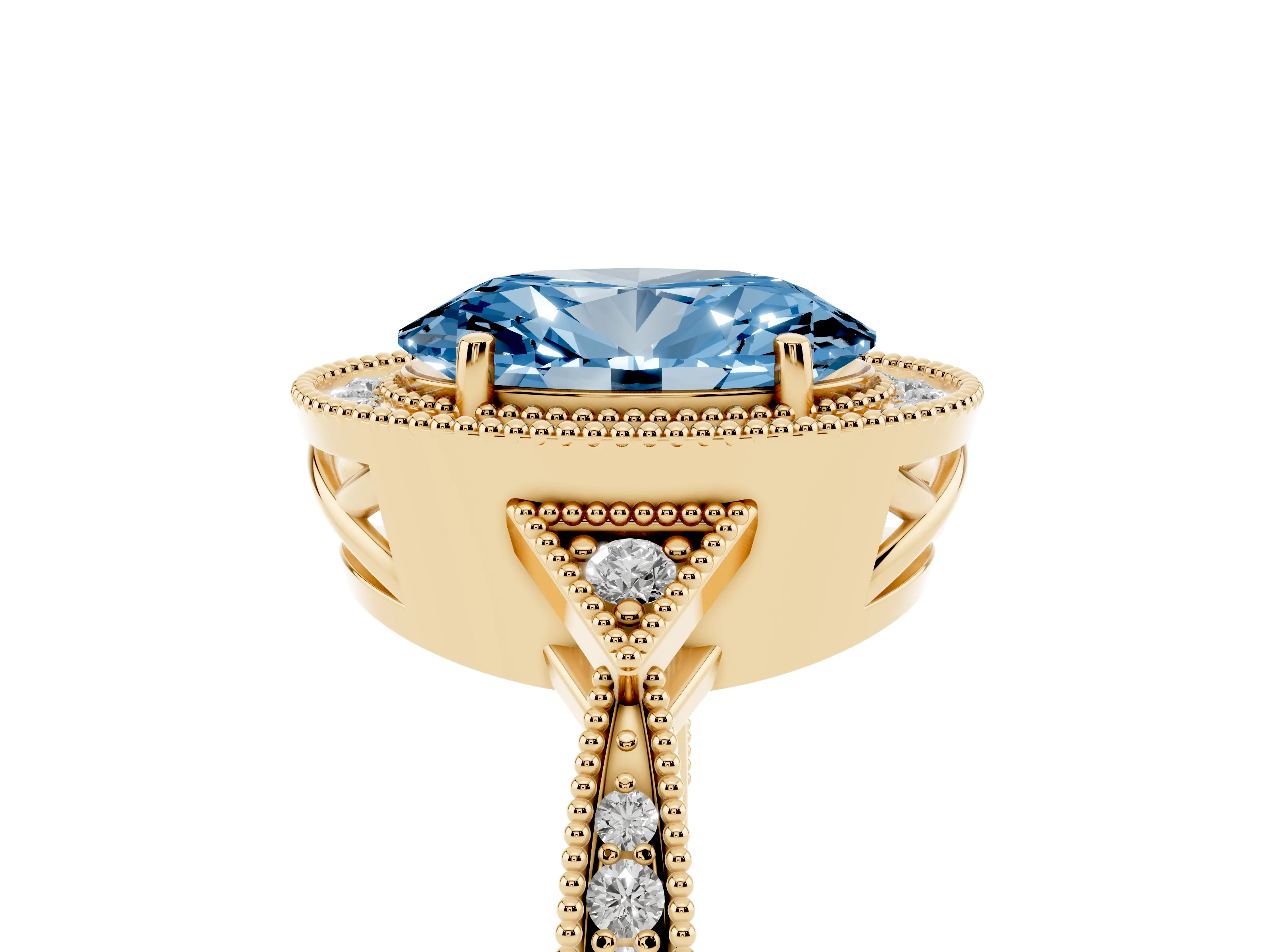 Fancy Blue Oval Cut Diamond Halo Engagement Ring Set in Yellow gold with Milgrain Pavé Band