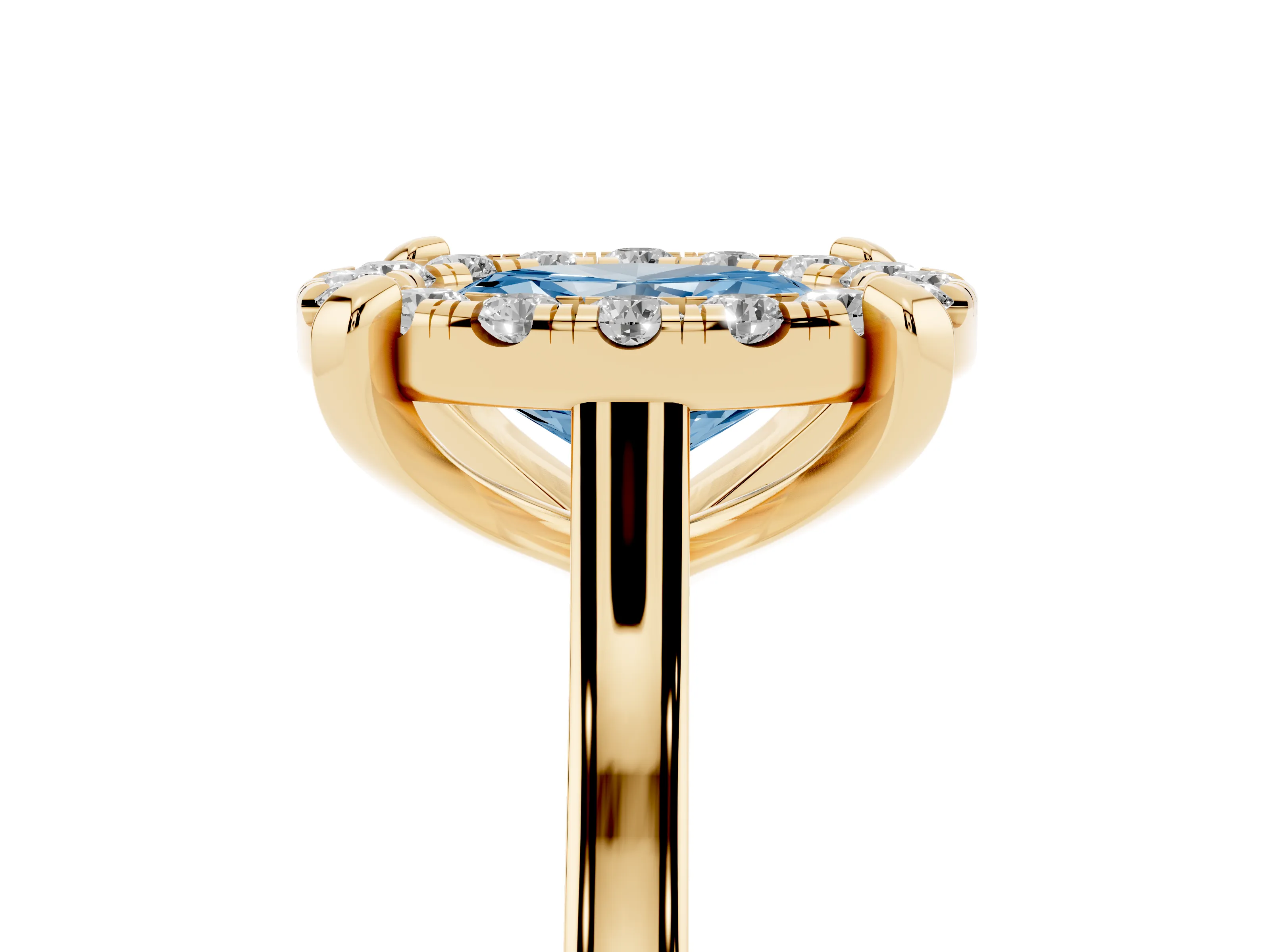 Fancy Blue Oval Cut Diamond Cluster Halo Solitaire Ring Set in Yellow gold with Prong Setting