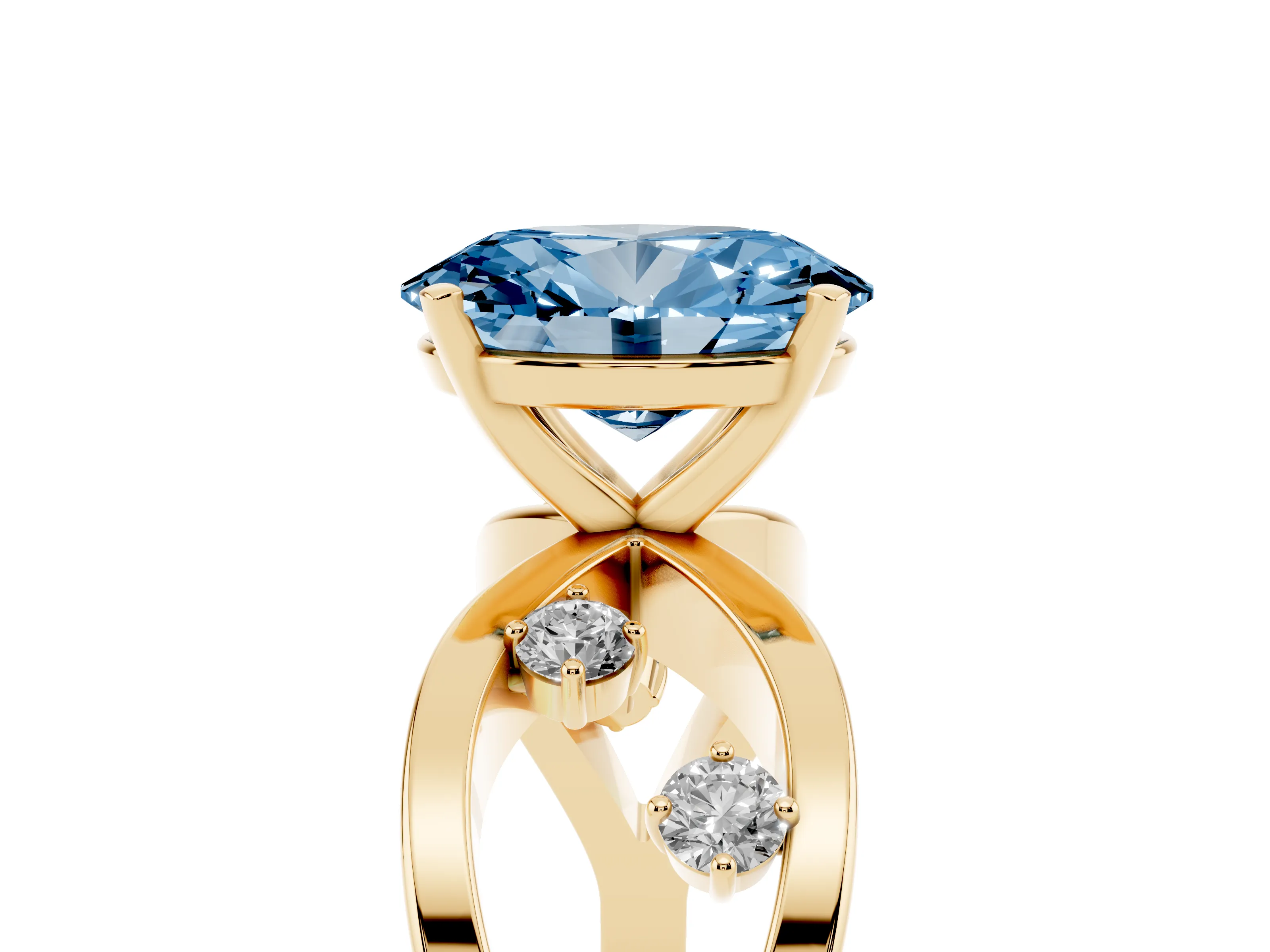 Fancy Blue Oval Cut Diamond Solitaire Ring Set in Yellow gold with Side Stones on Criss-Cross Band and Prong Setting
