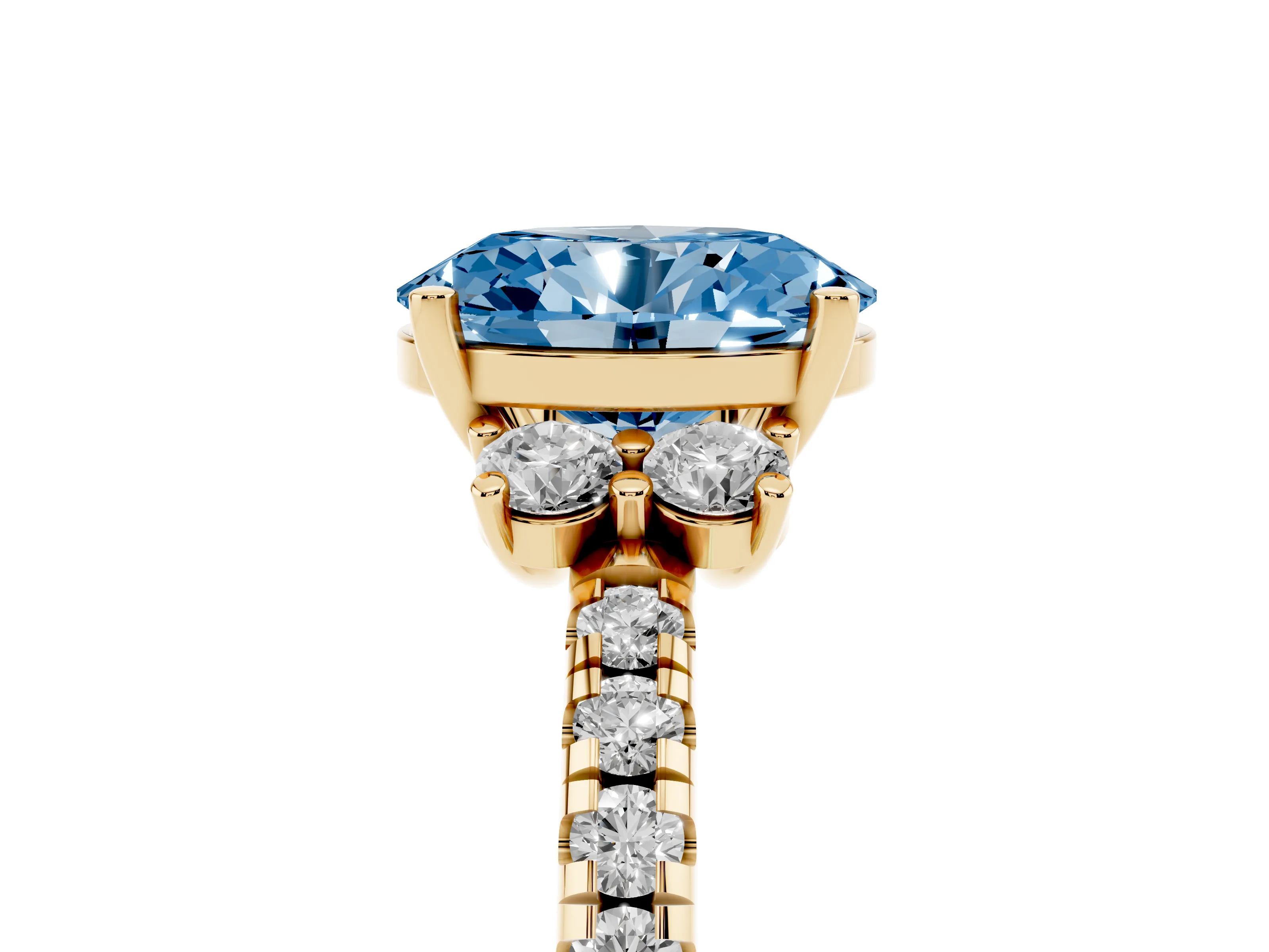 Fancy Blue Oval Cut Diamond Three-Stone Pavé Ring Set in Yellow gold with Prong Setting