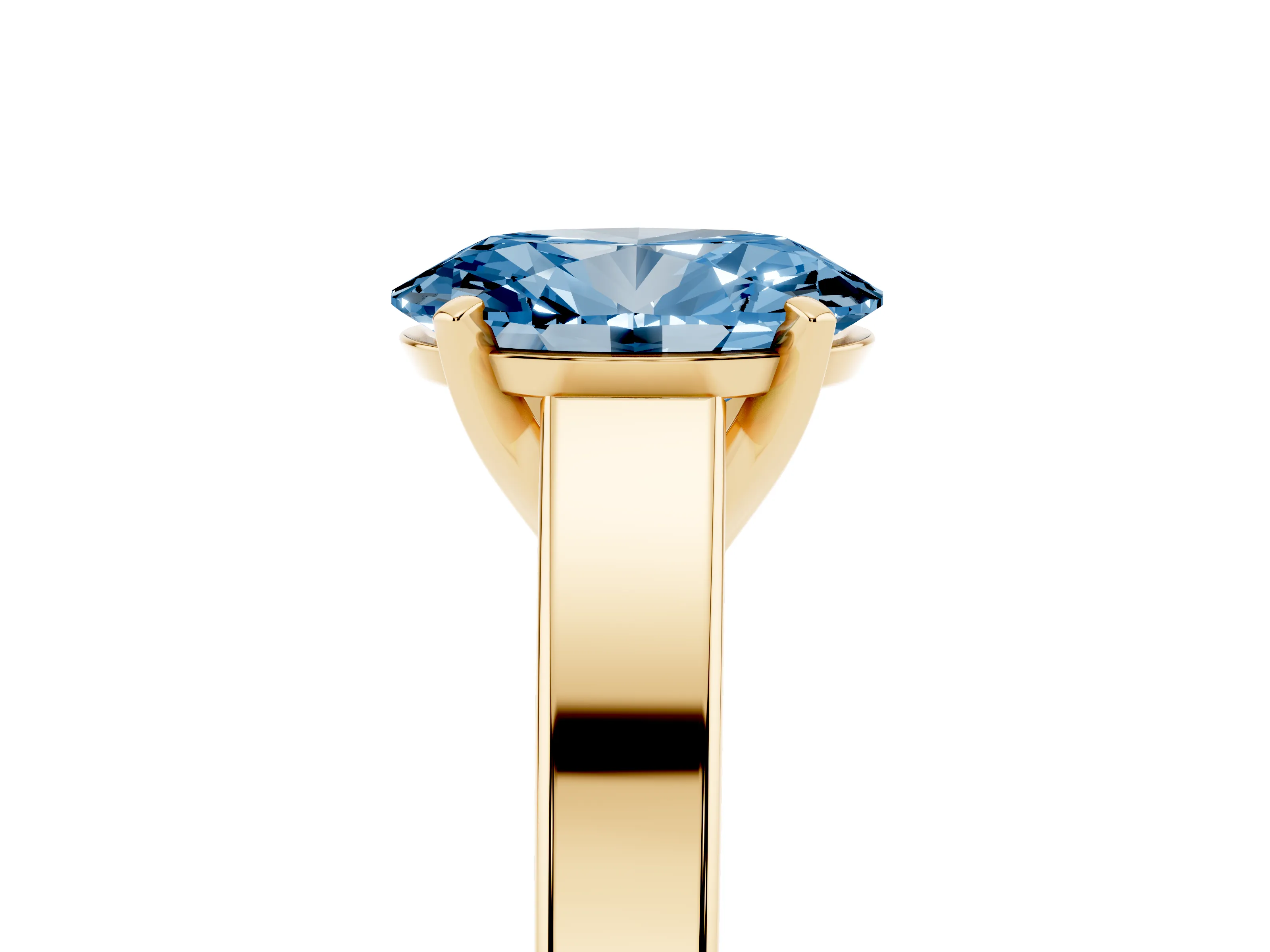 Fancy Blue Oval Cut Diamond Solitaire Engagement Ring Set in Yellow gold with Prong Setting and Tapered Band