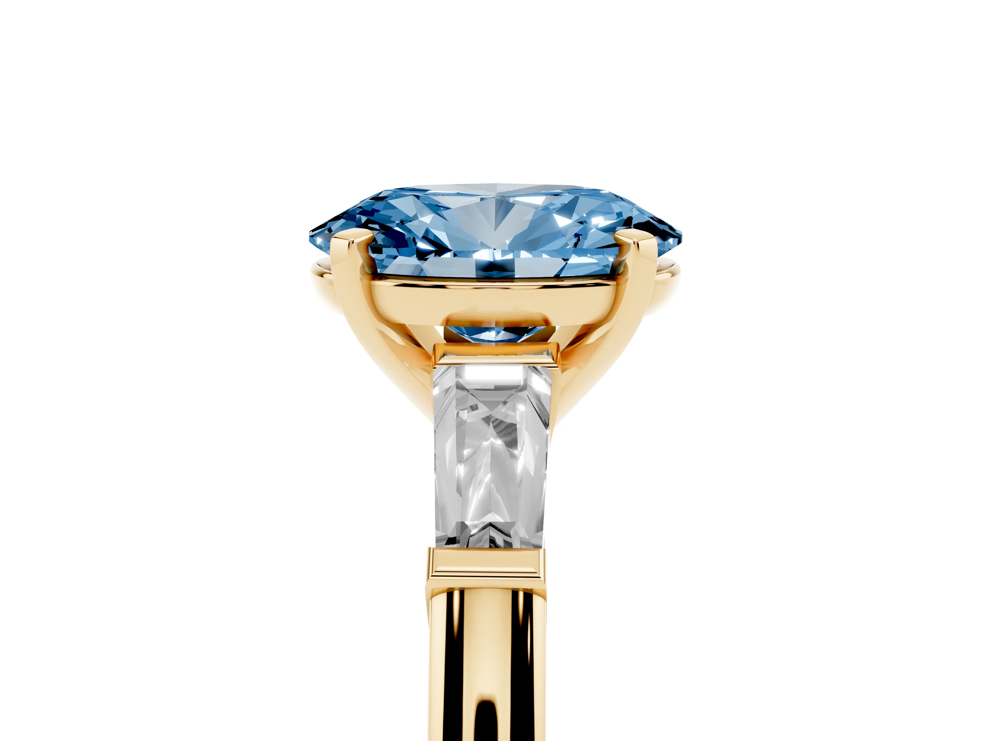 Fancy Blue Oval Cut Diamond Solitaire Ring Set in Yellow gold with Tapered Baguette Side Stones and Prong Setting