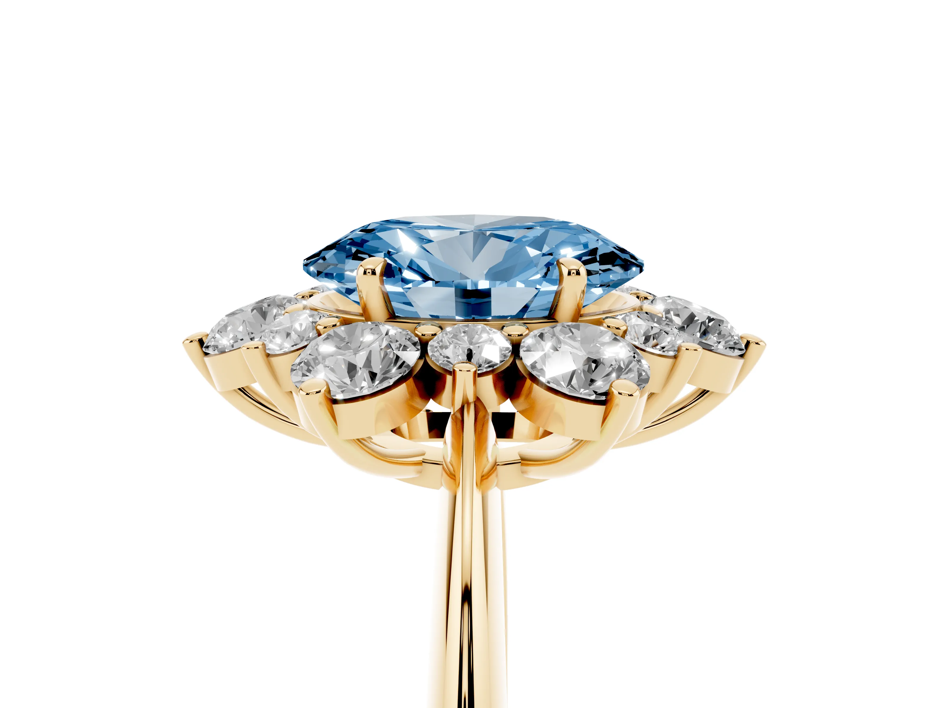 Fancy Blue Oval Cut Diamond Cluster Halo Ring Set in Yellow gold with Solitaire Band and Prong Setting