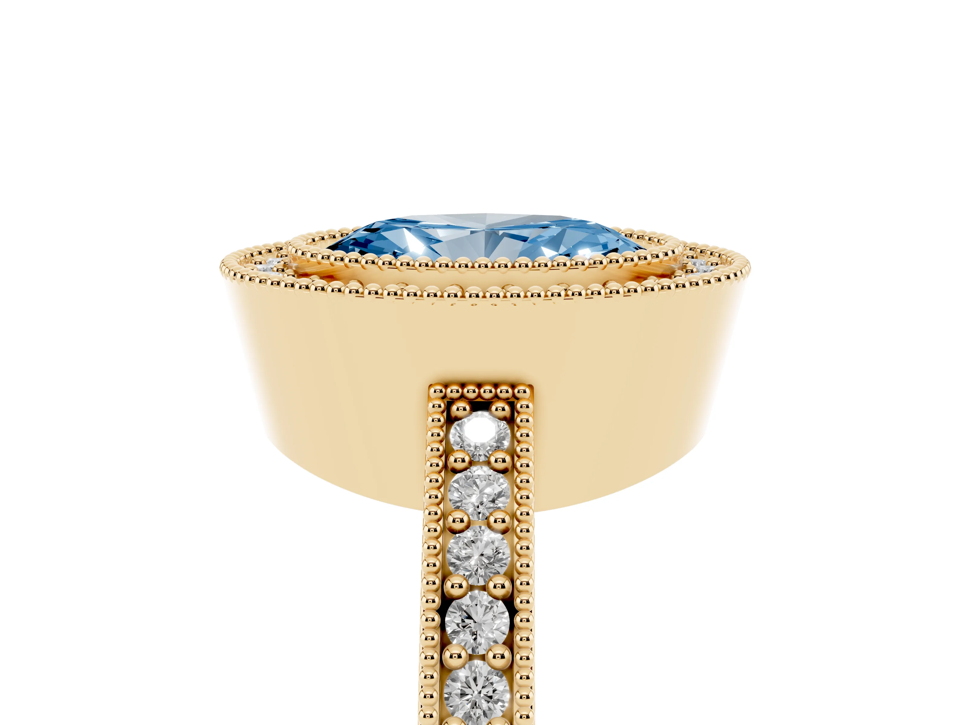 Fancy Blue Oval Cut Diamond Halo Engagement Ring Set in Yellow gold with Pavé Band and Round Halo Stones