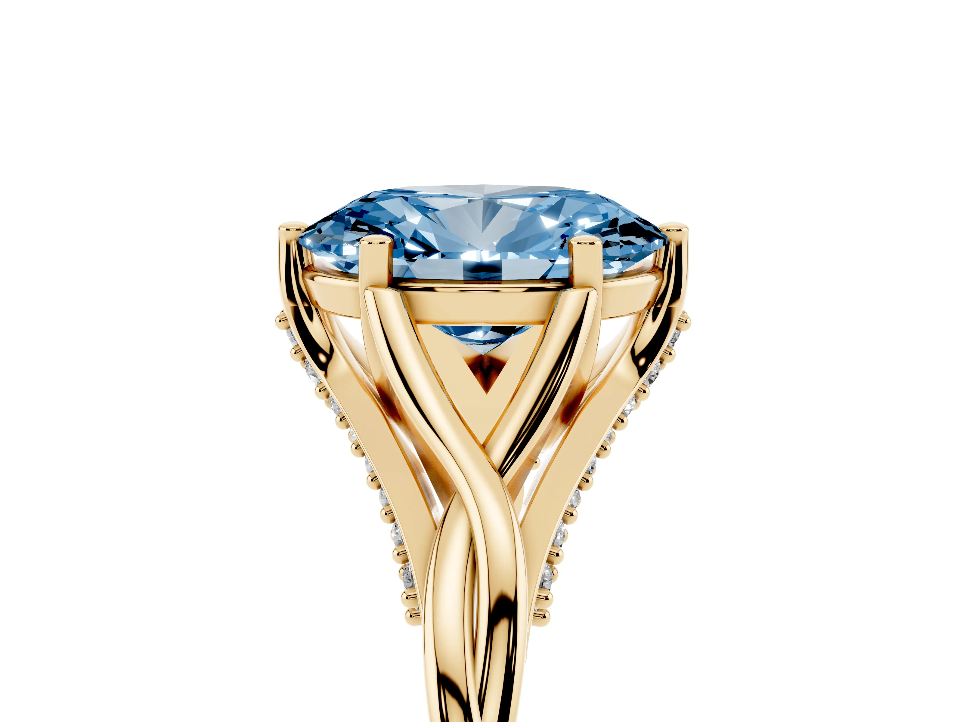 Fancy Blue Oval Cut Diamond Intertwined Twist Band Solitaire Ring Set in Yellow gold with Prong Setting