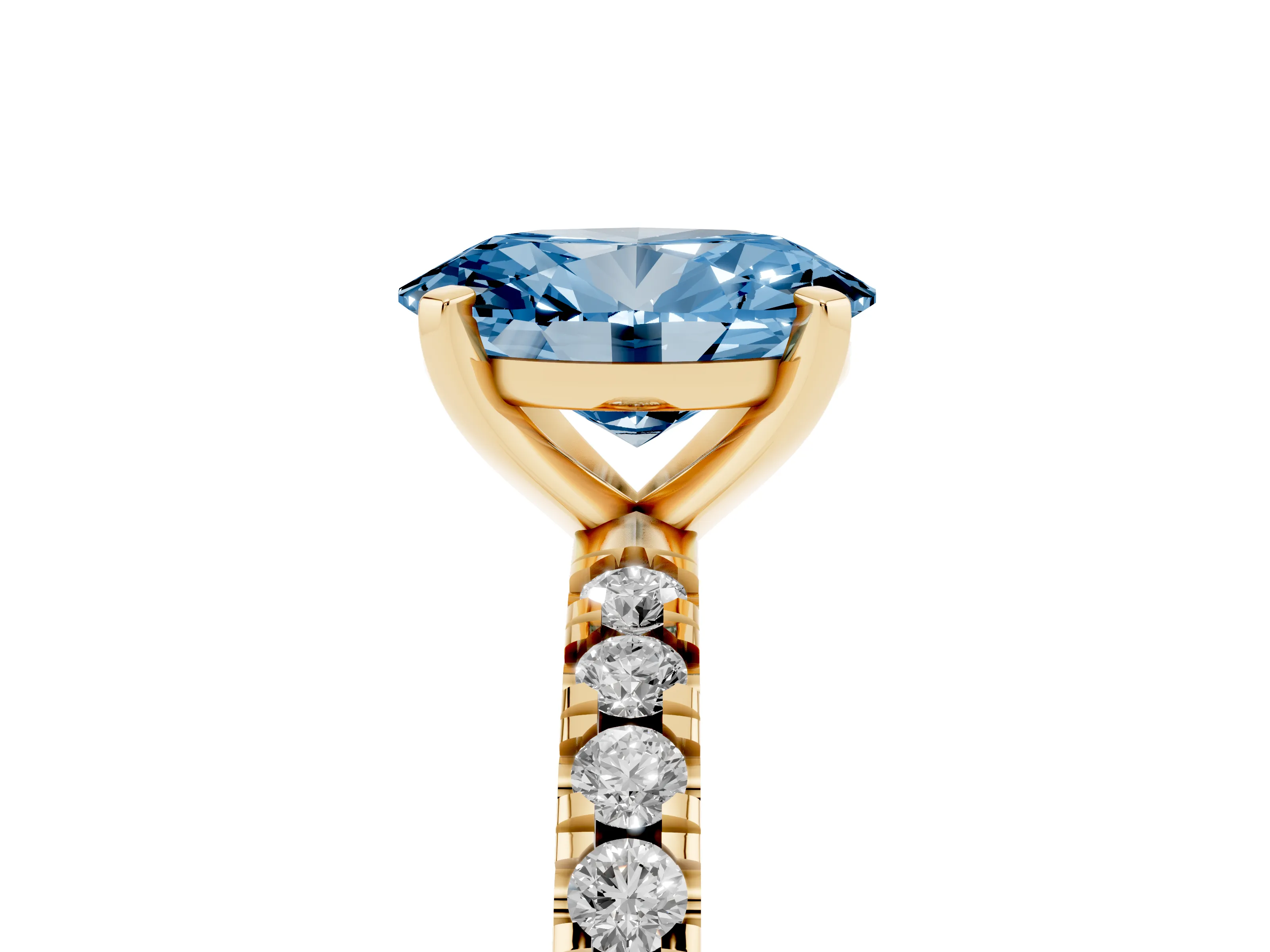 Fancy Blue Oval Cut Diamond Pavé Band Solitaire Set in Yellow gold with Prong Setting