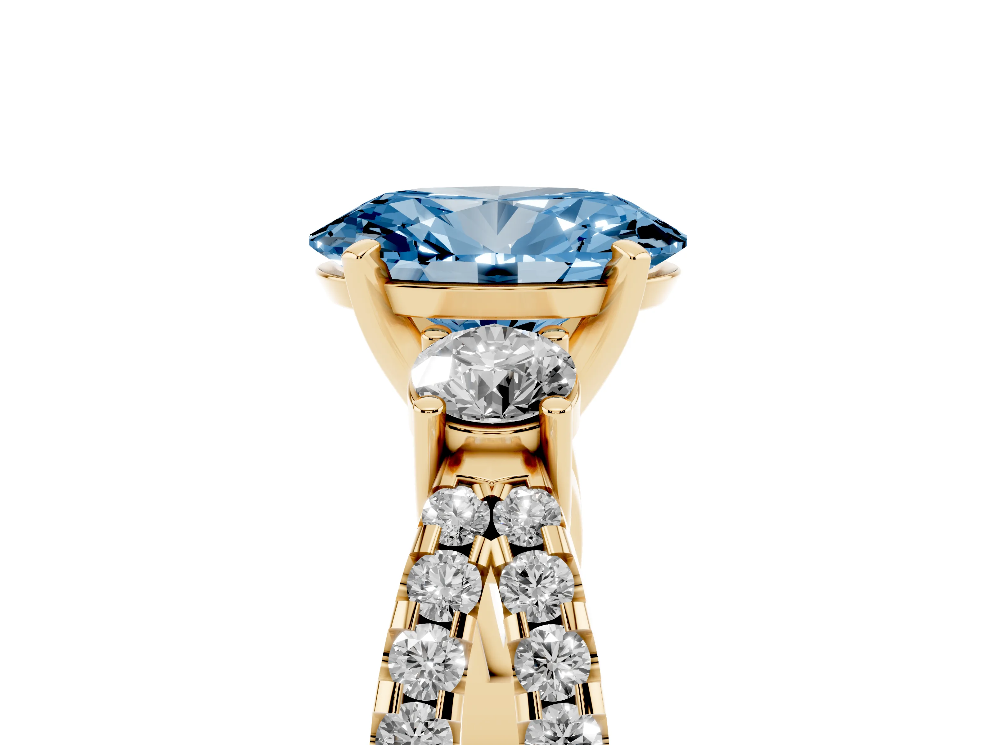 Fancy Blue Oval Cut Diamond Three-Stone Ring Set in Yellow gold with Pavé Split Shank and Prong Setting
