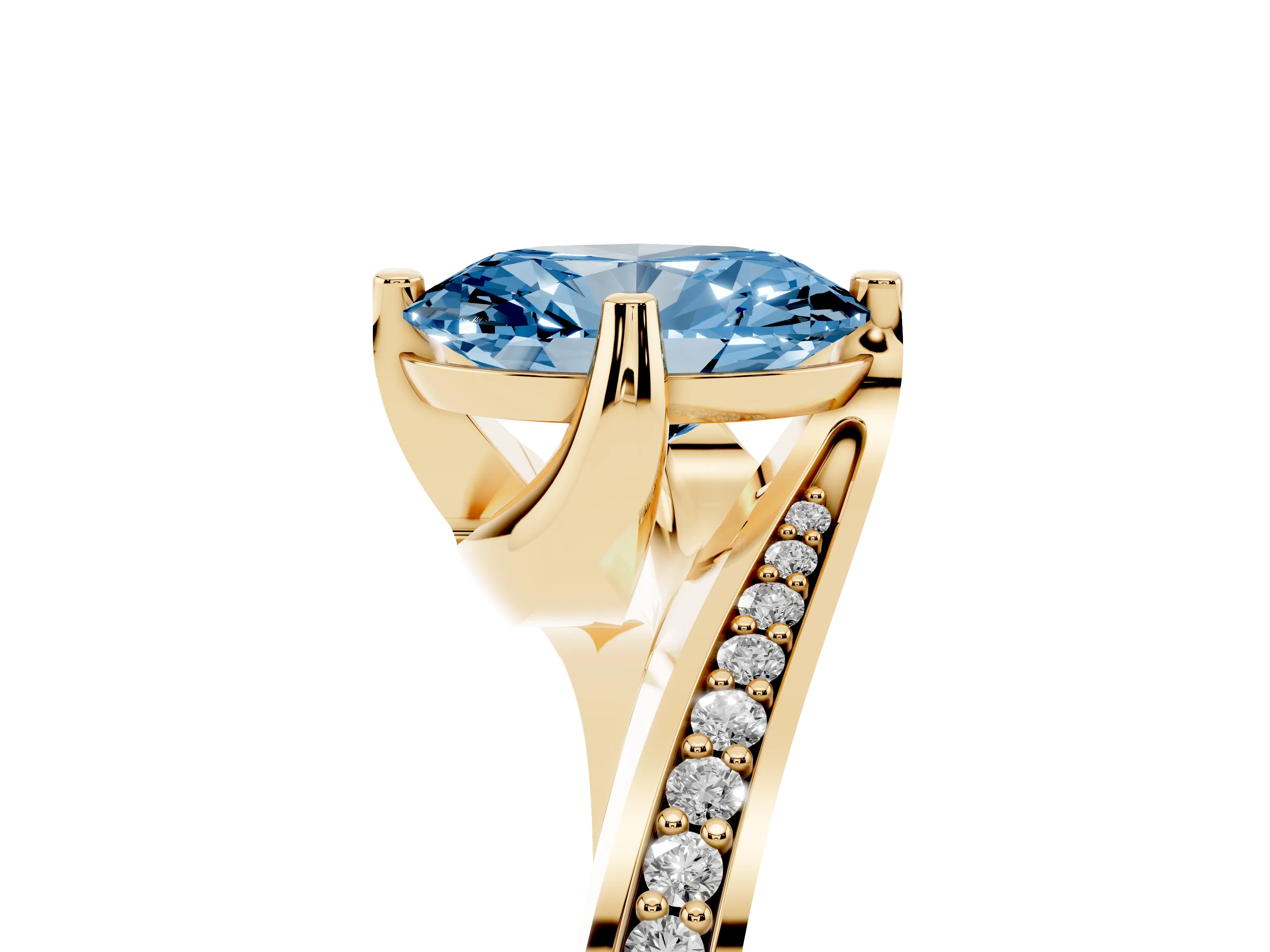 Fancy Blue Oval Cut Diamond Solitaire Ring Set in Yellow gold with Intertwined Pavé Twist Band