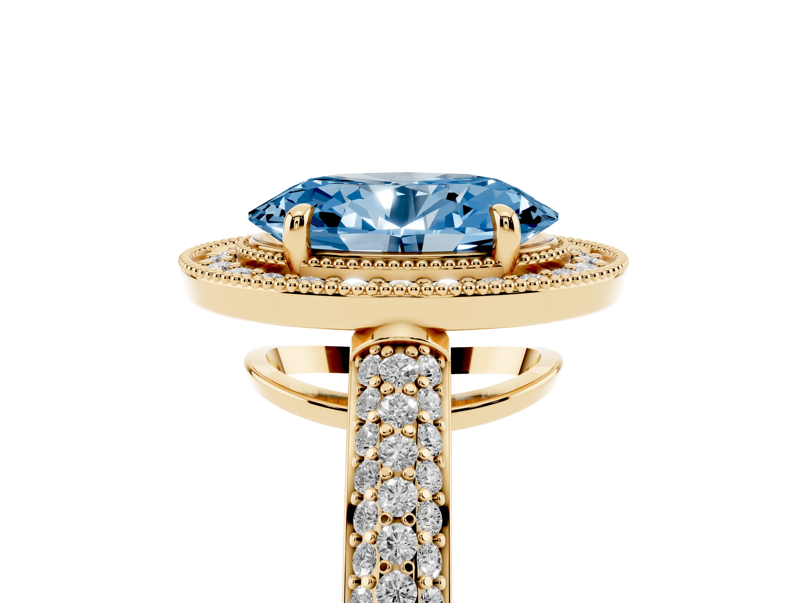 Fancy Blue Oval Cut Diamond Halo Pavé Band Set in Yellow gold with Prong Setting