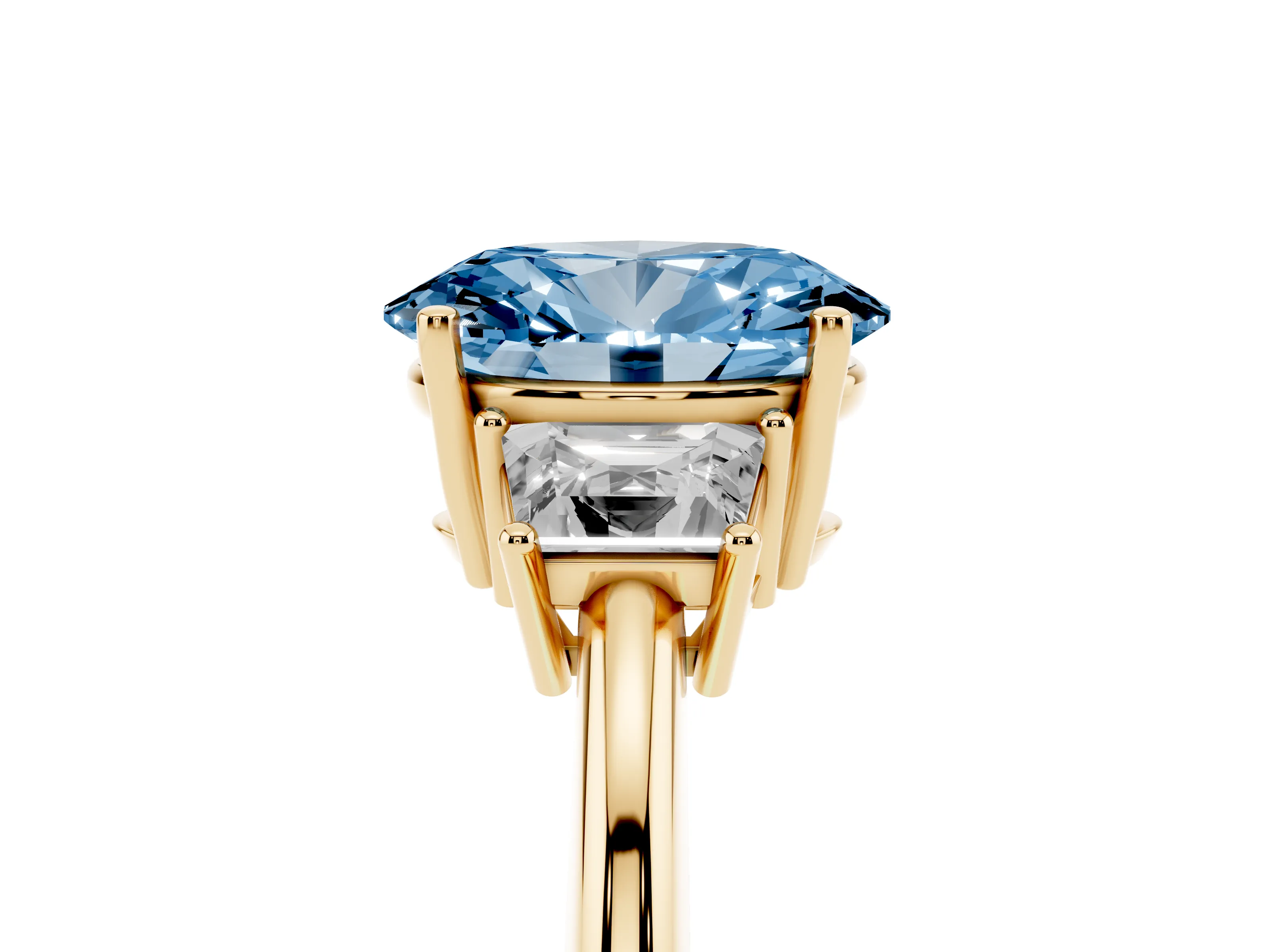 Fancy Blue Oval Cut Diamond Three-Stone Ring Set in Yellow gold with Trapezoid Side Stones and Prong Setting