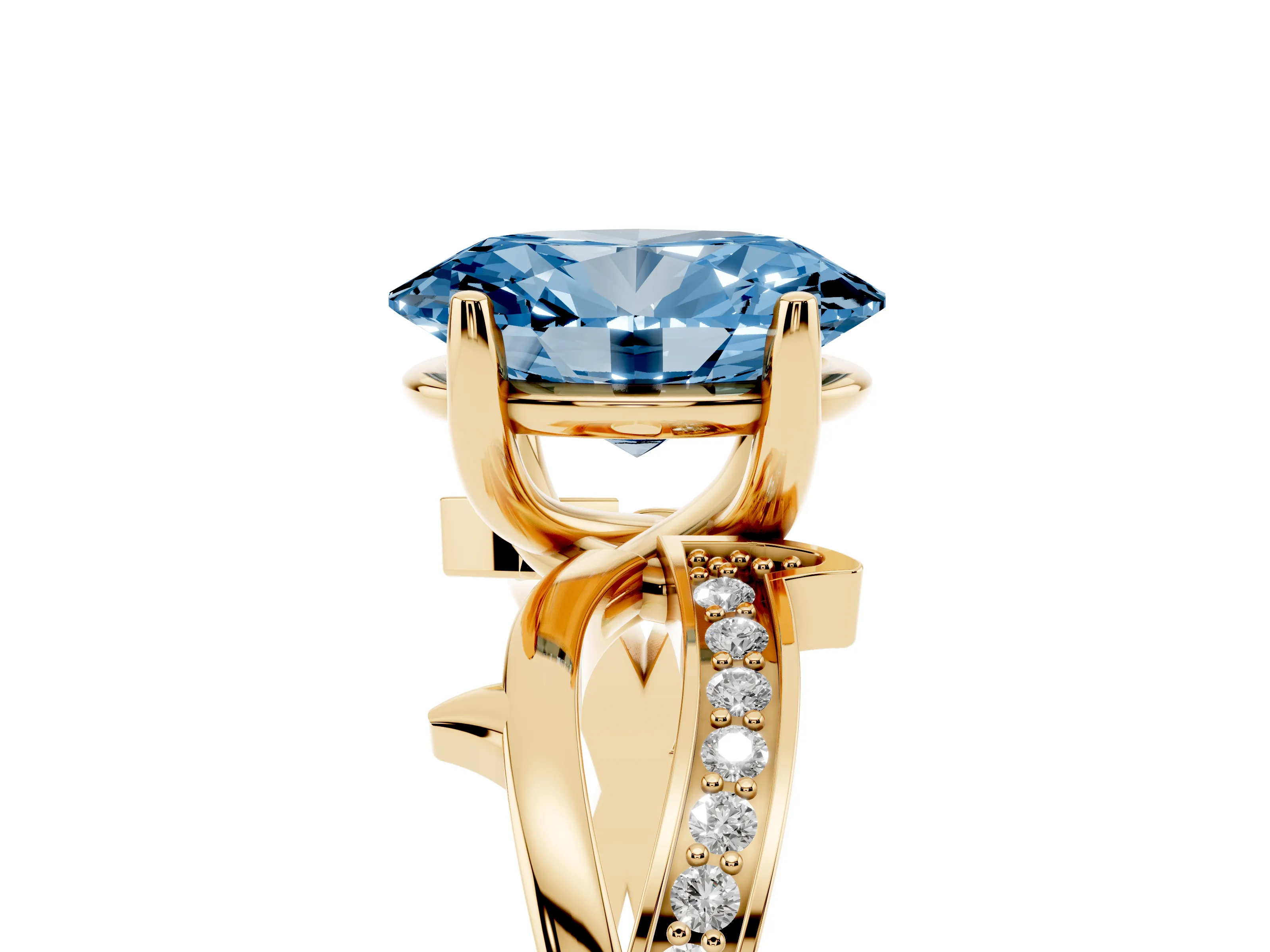 Fancy Blue Oval Cut Diamond Pavé Twist Band Solitaire Ring Set in Yellow gold with Prong Setting